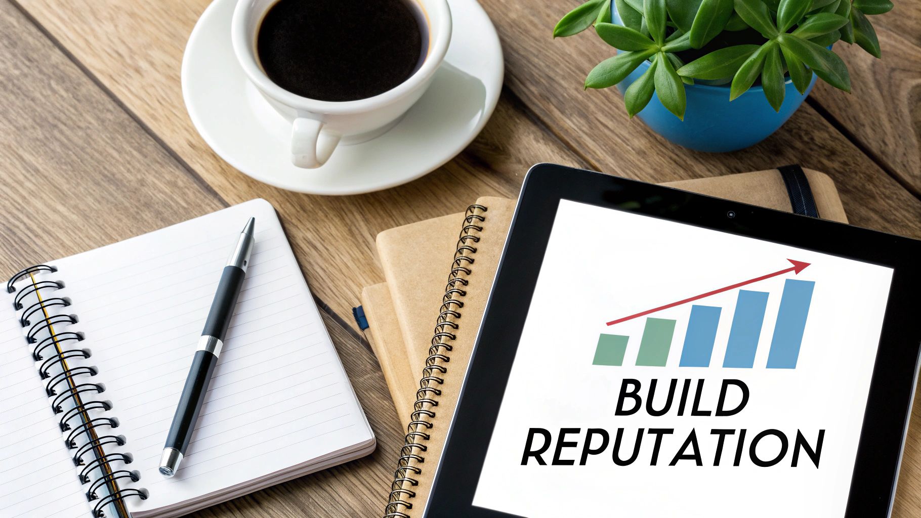 Desk flat lay with coffee, notebook, pen, plant, and tablet displaying 'BUILD REPUTATION' chart.