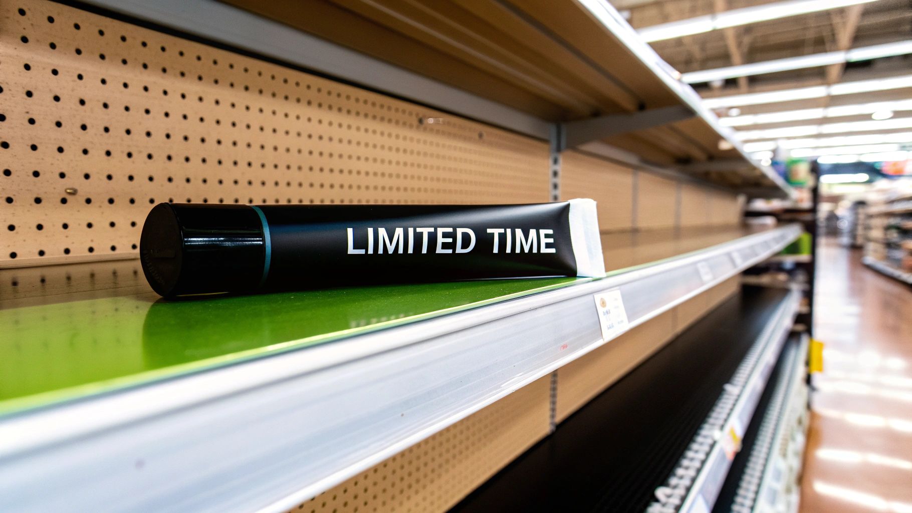 A black tube labeled 'LIMITED TIME' lies on a green shelf in a nearly empty supermarket aisle.