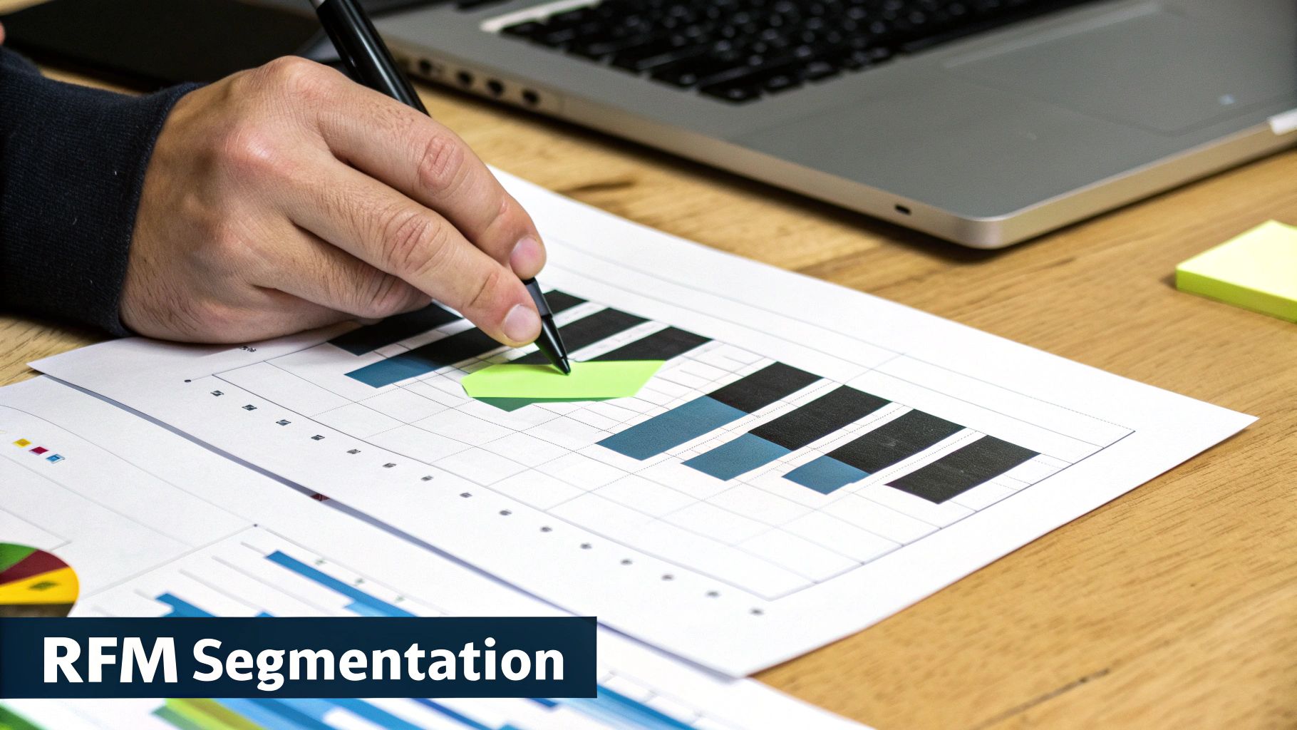 A person&#39;s hand using a pen to analyze a bar chart on a document, with &#39;RFM Segmentation&#39; visible.