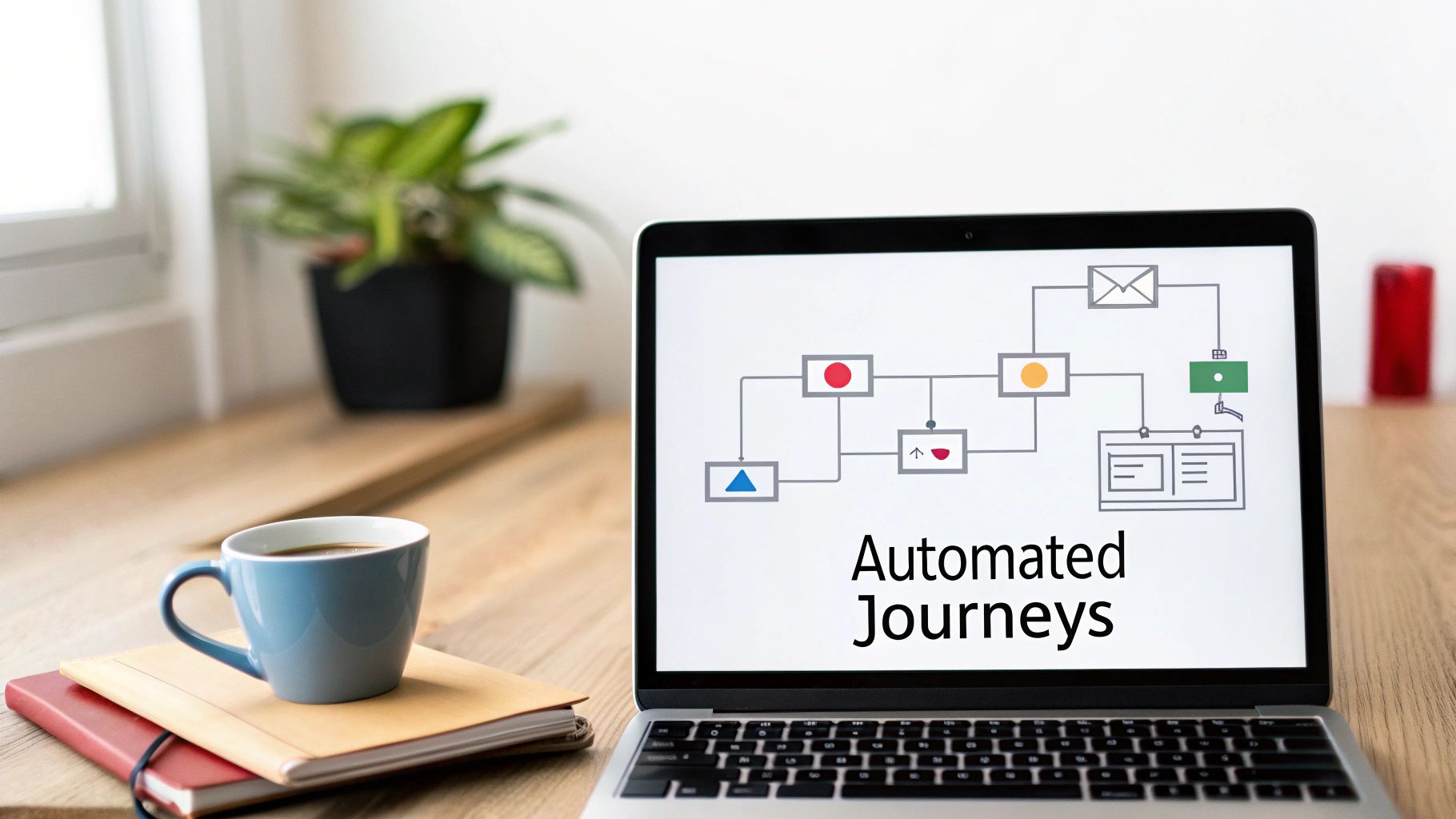 Laptop displaying an automated journeys workflow diagram, next to a coffee mug and notebooks.