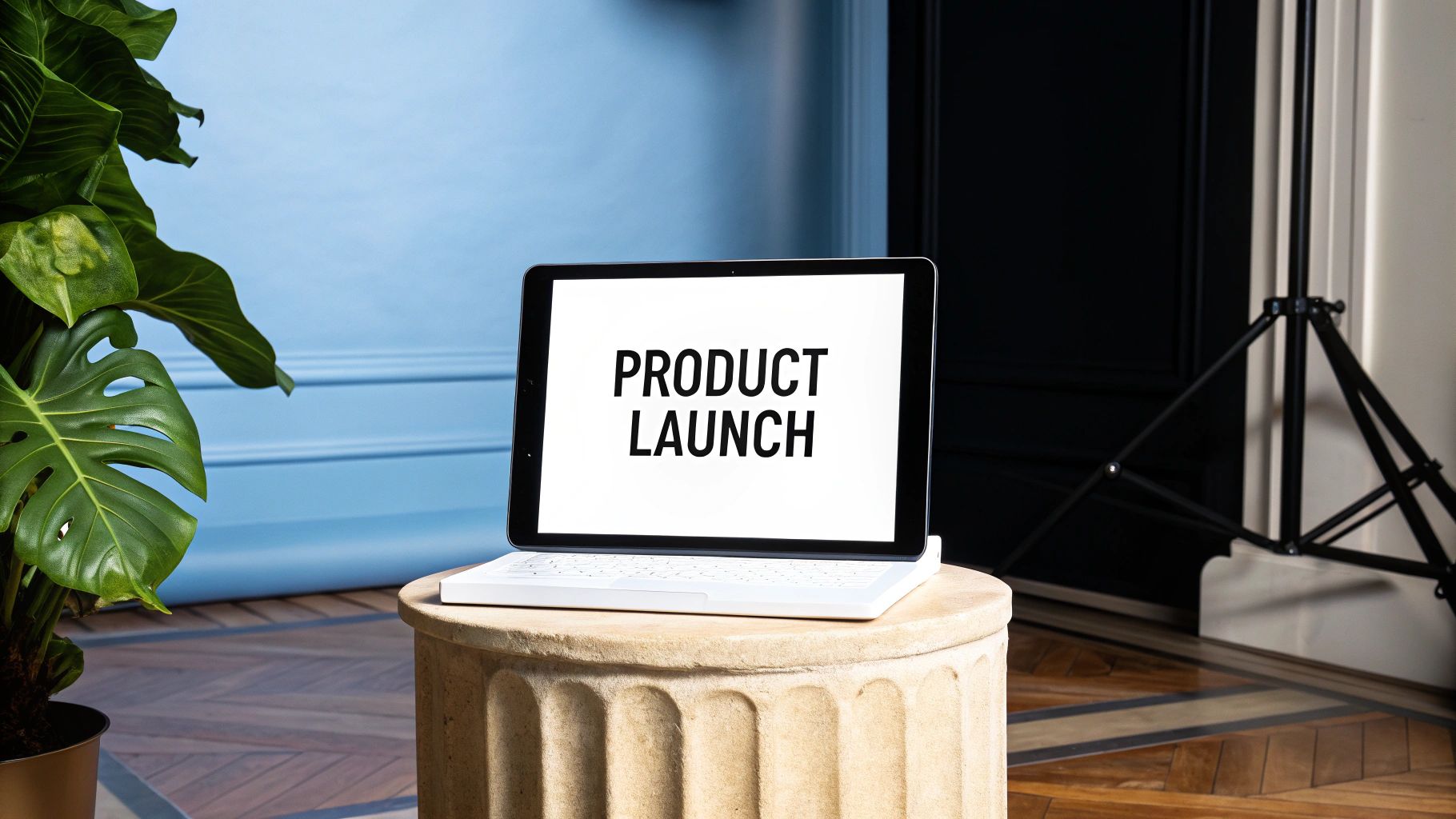 A laptop displaying "PRODUCT LAUNCH" sits on a decorative pillar, with a green plant nearby.