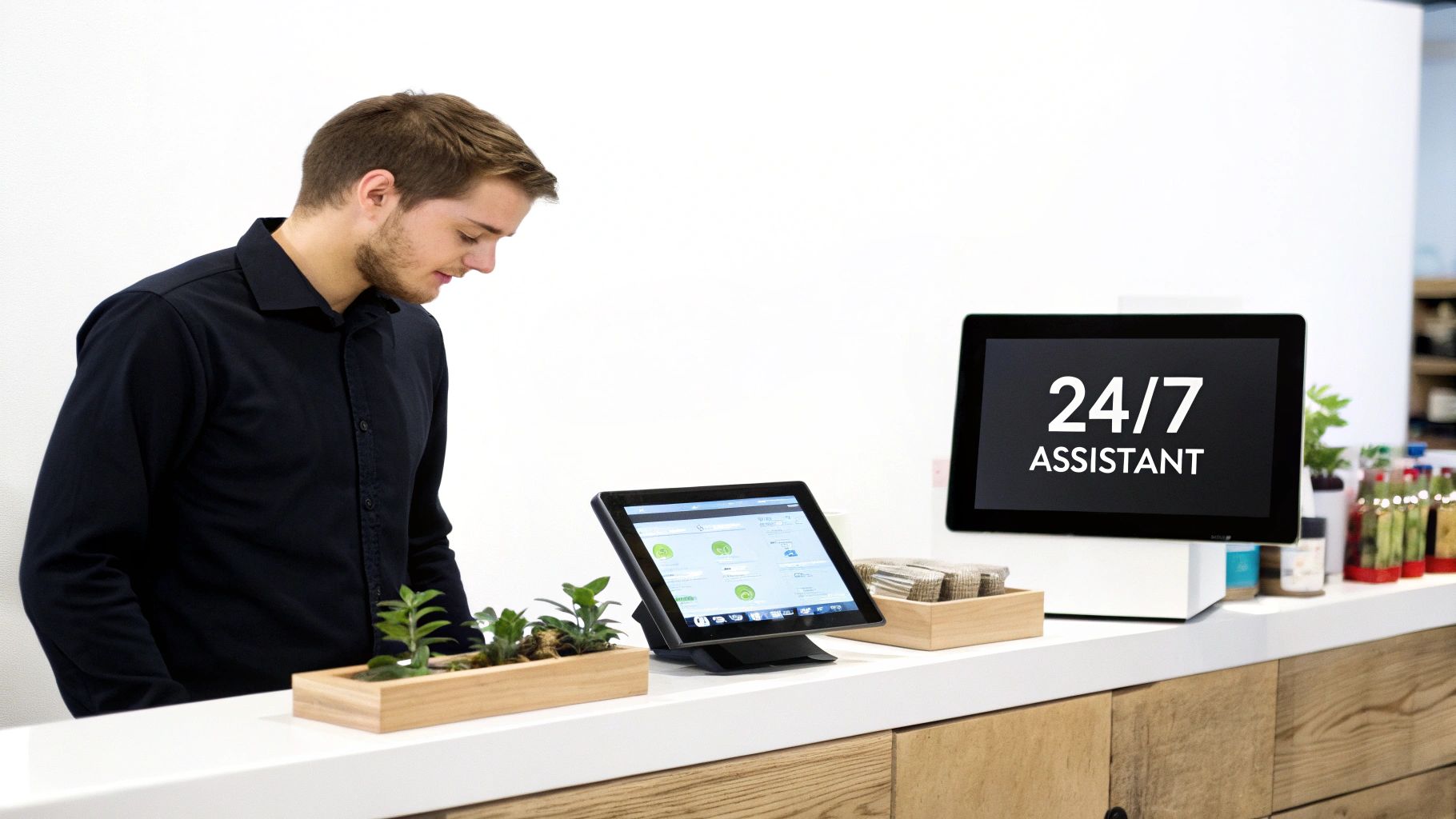 A man stands behind a modern counter with two tablets, one displaying "24/7 ASSISTANT."