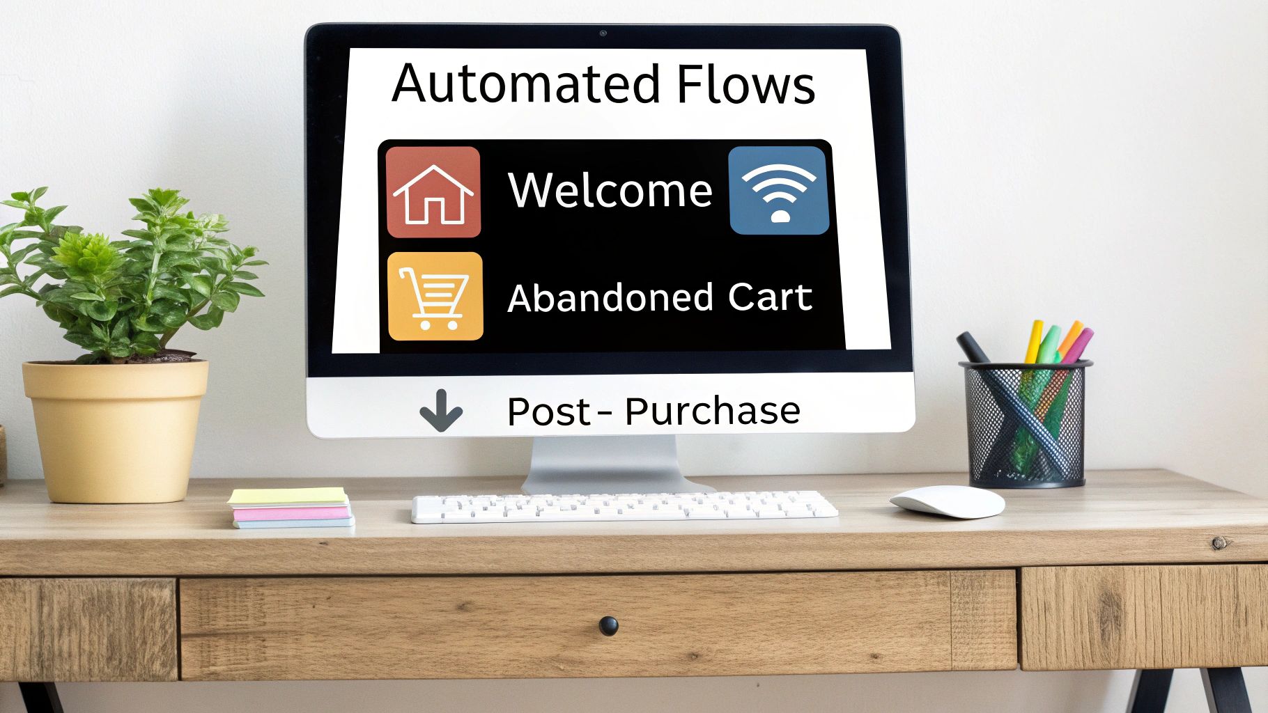 Desktop computer displaying automated email marketing flows for welcome, abandoned cart, and post-purchase.