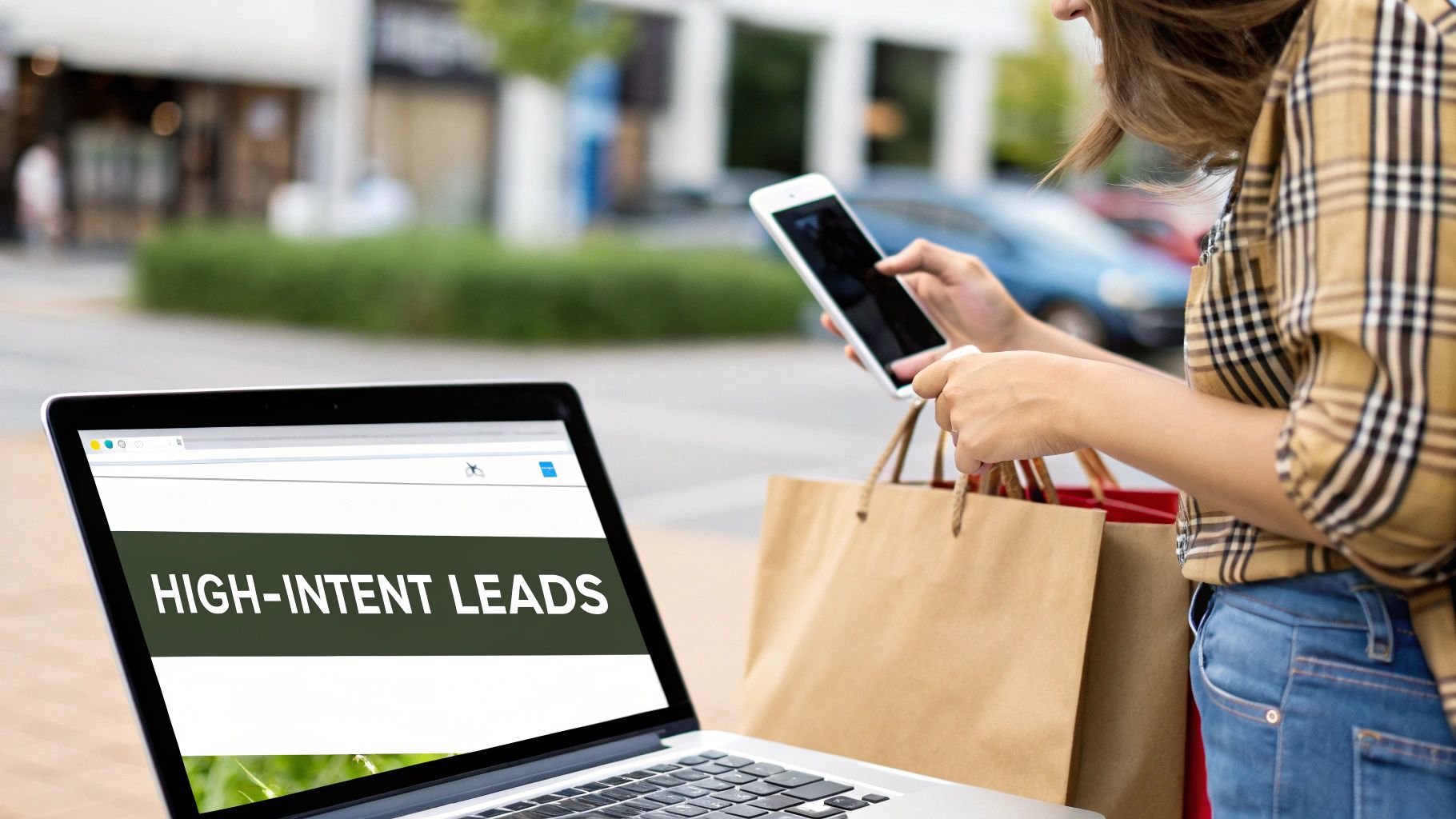 A person holds a phone and shopping bags while a laptop displays 'HIGH-INTENT LEADS' outdoors.