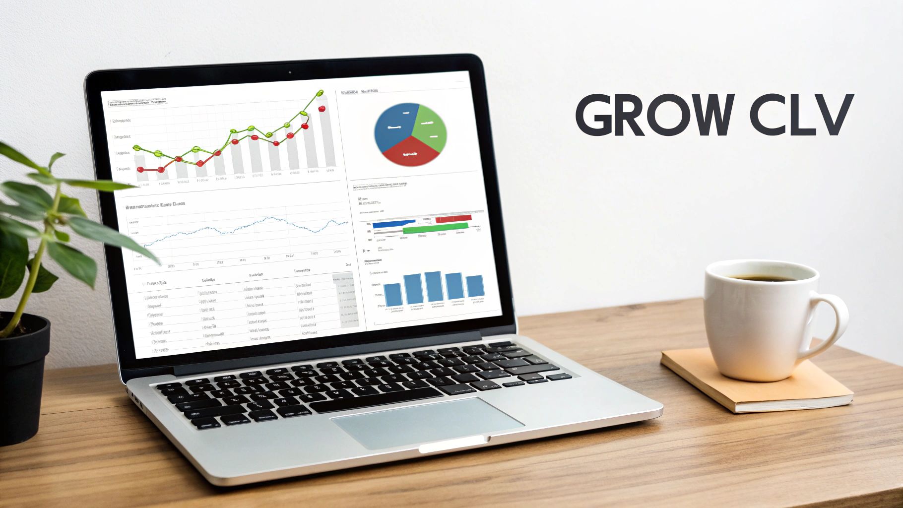 Laptop displaying business growth charts and data with 'GROW CLV' text, coffee mug, and plant on a wooden desk.