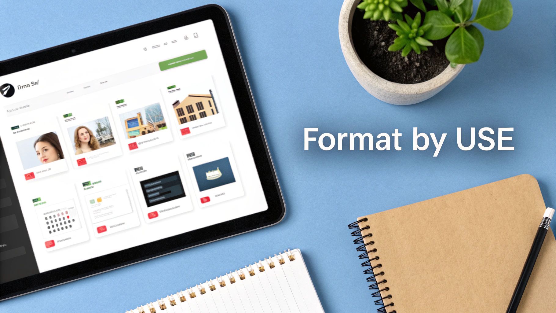 Flat lay of a blue desk with a tablet displaying a website, notebooks, pencil, and potted plant.