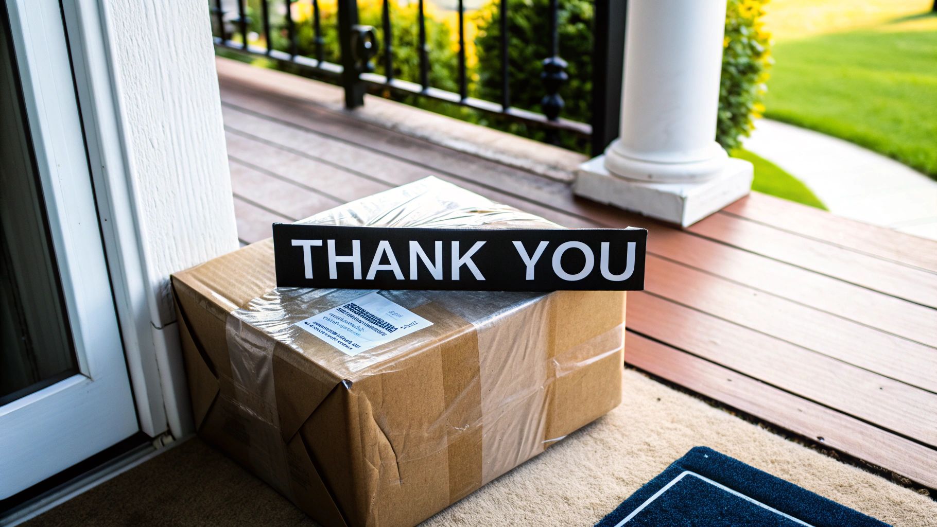 A brown cardboard delivery box with a black "THANK YOU" sign on a residential porch.