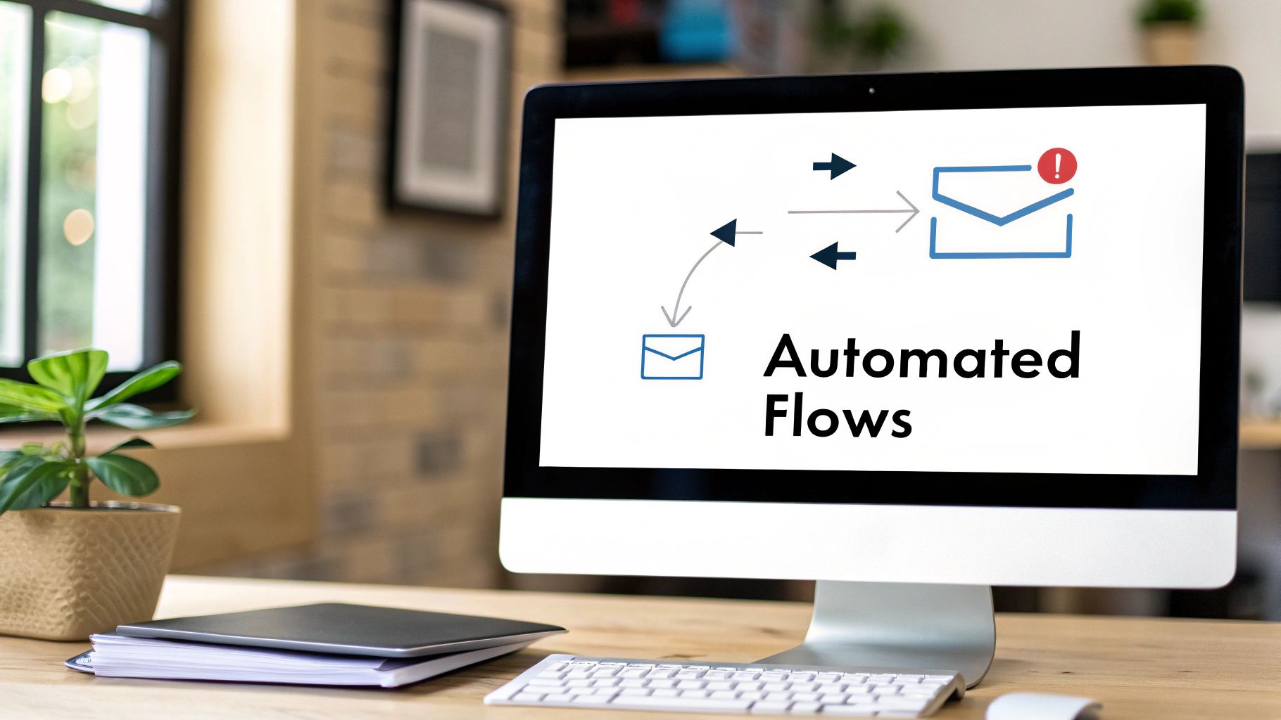 A computer screen displays 'Automated Flows' with email workflow icons, on a wooden desk.