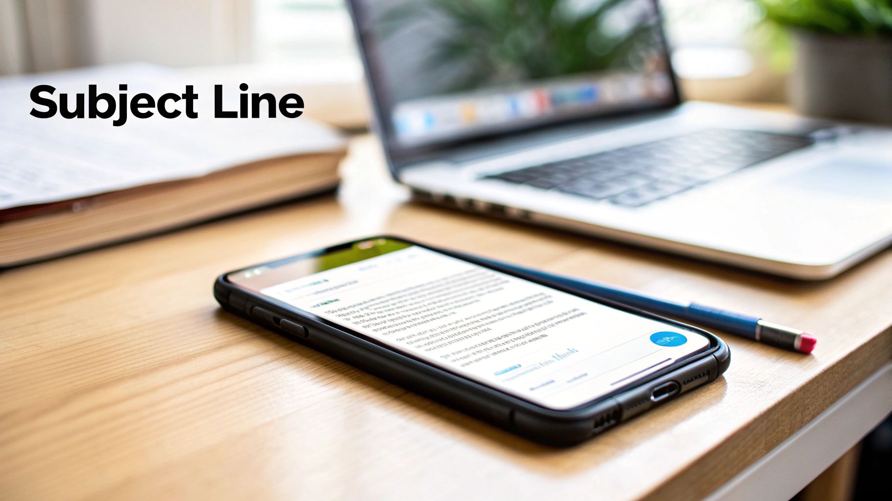 A phone and laptop on a wooden desk, emphasizing 'Subject Line' for communication strategy.