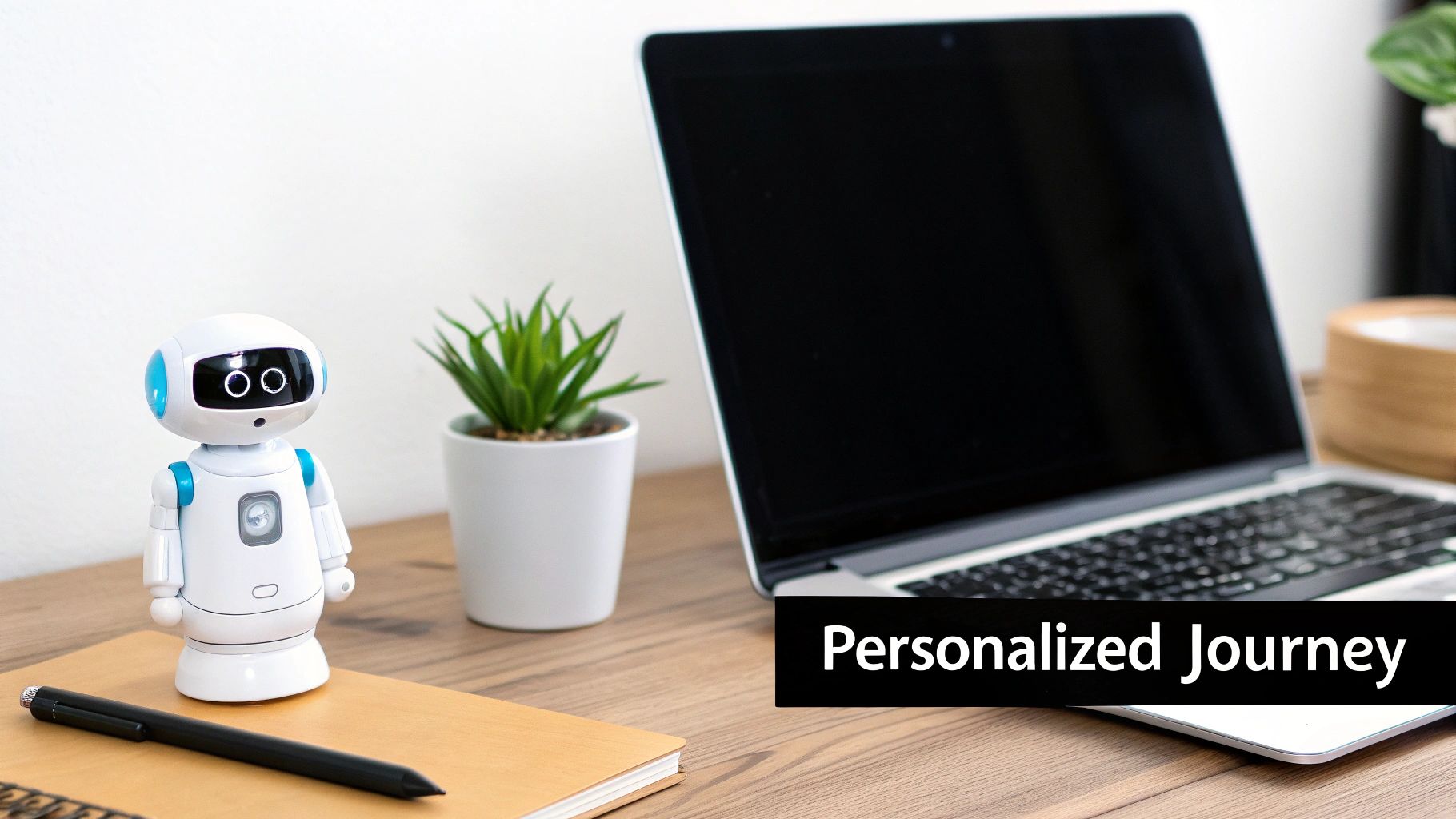 A white robot toy, potted plant, laptop, and pen on a desk with 'Personalized Journey' text.