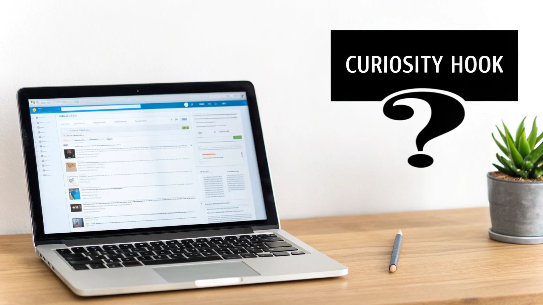 A laptop on a wooden desk with a plant, a pencil, and a 'Curiosity Hook' overlay with a question mark.