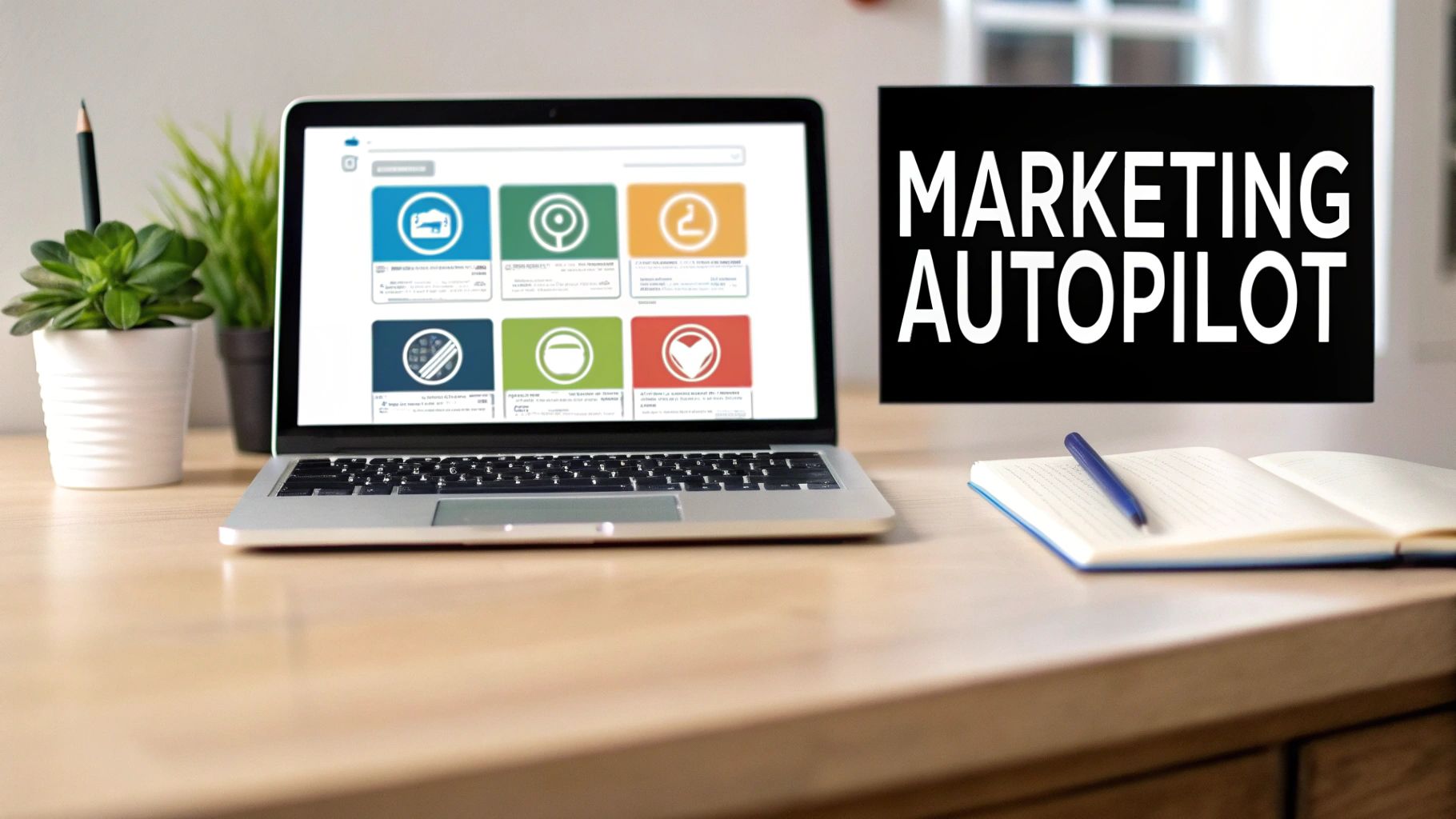 Desk setup with a laptop showing marketing software, a plant, and a &quot;MARKETING AUTOPILOT&quot; sign.