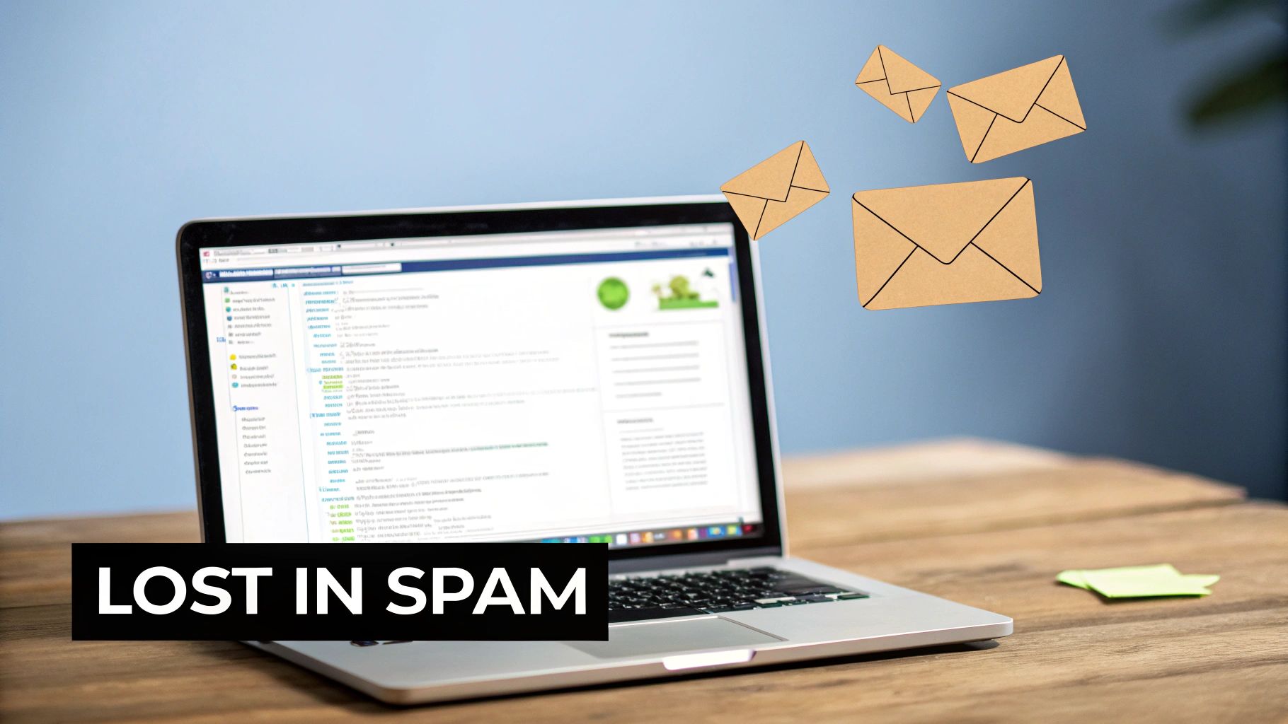 A laptop displaying an email inbox, with several brown email icons floating, indicating lost mail.