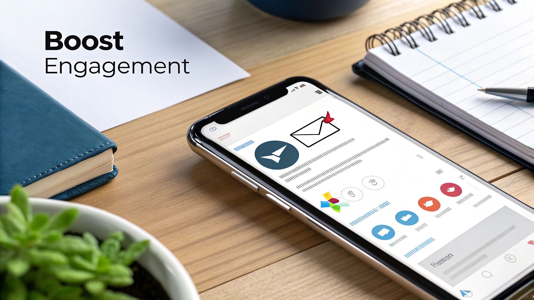 A smartphone on a desk displays email and engagement icons, next to a paper with 'Boost Engagement'.