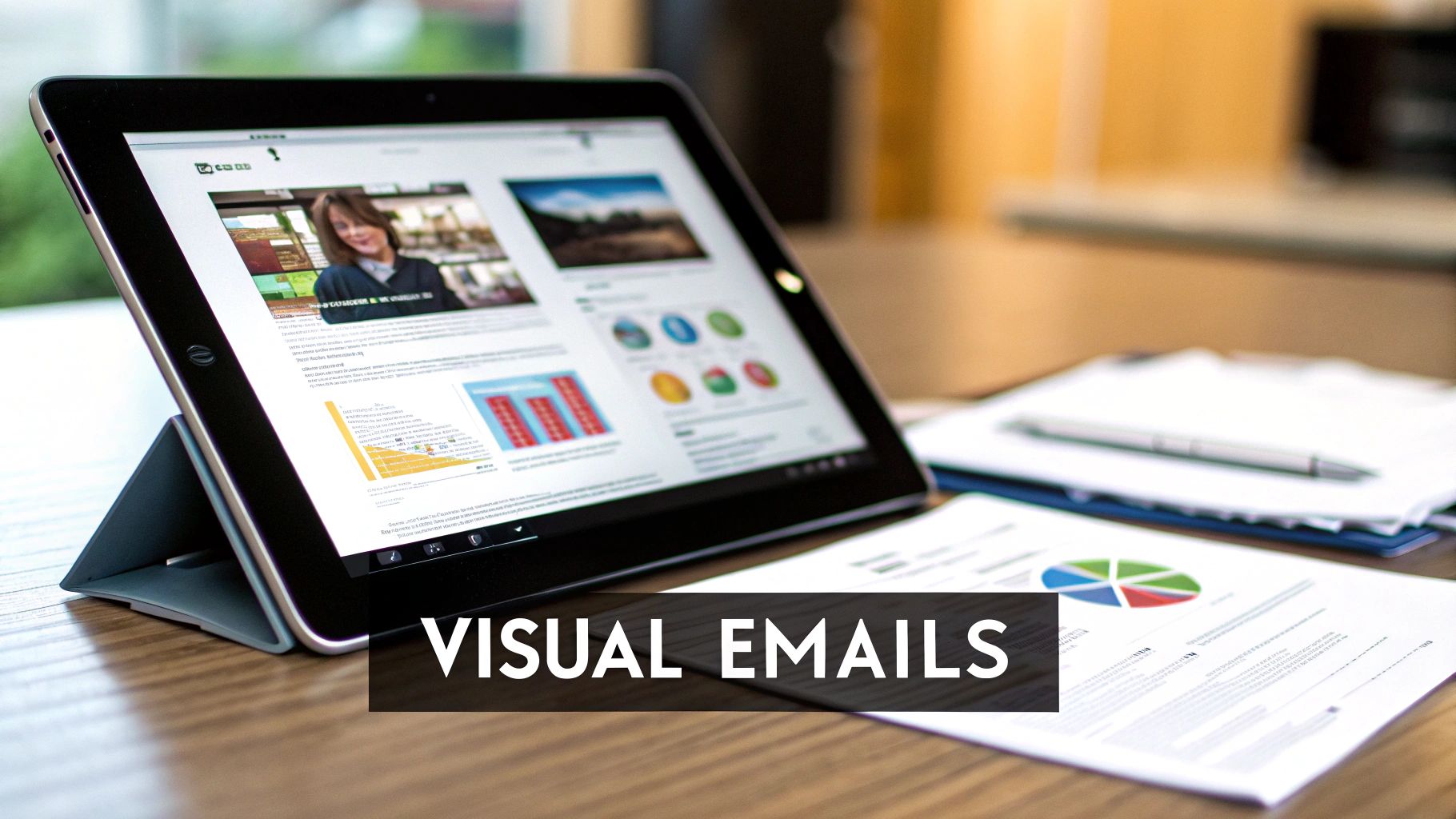 A tablet displays a visual email newsletter with charts, graphs, and images on a wooden desk with documents.