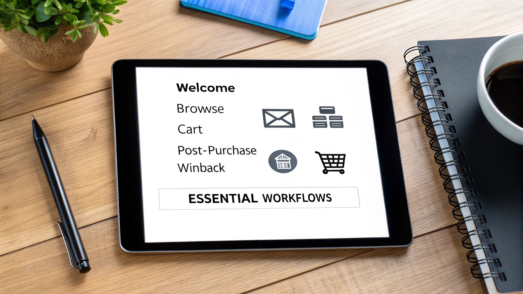 Tablet displaying e-commerce marketing automation workflows for welcome, browse, cart, post-purchase, and winback.