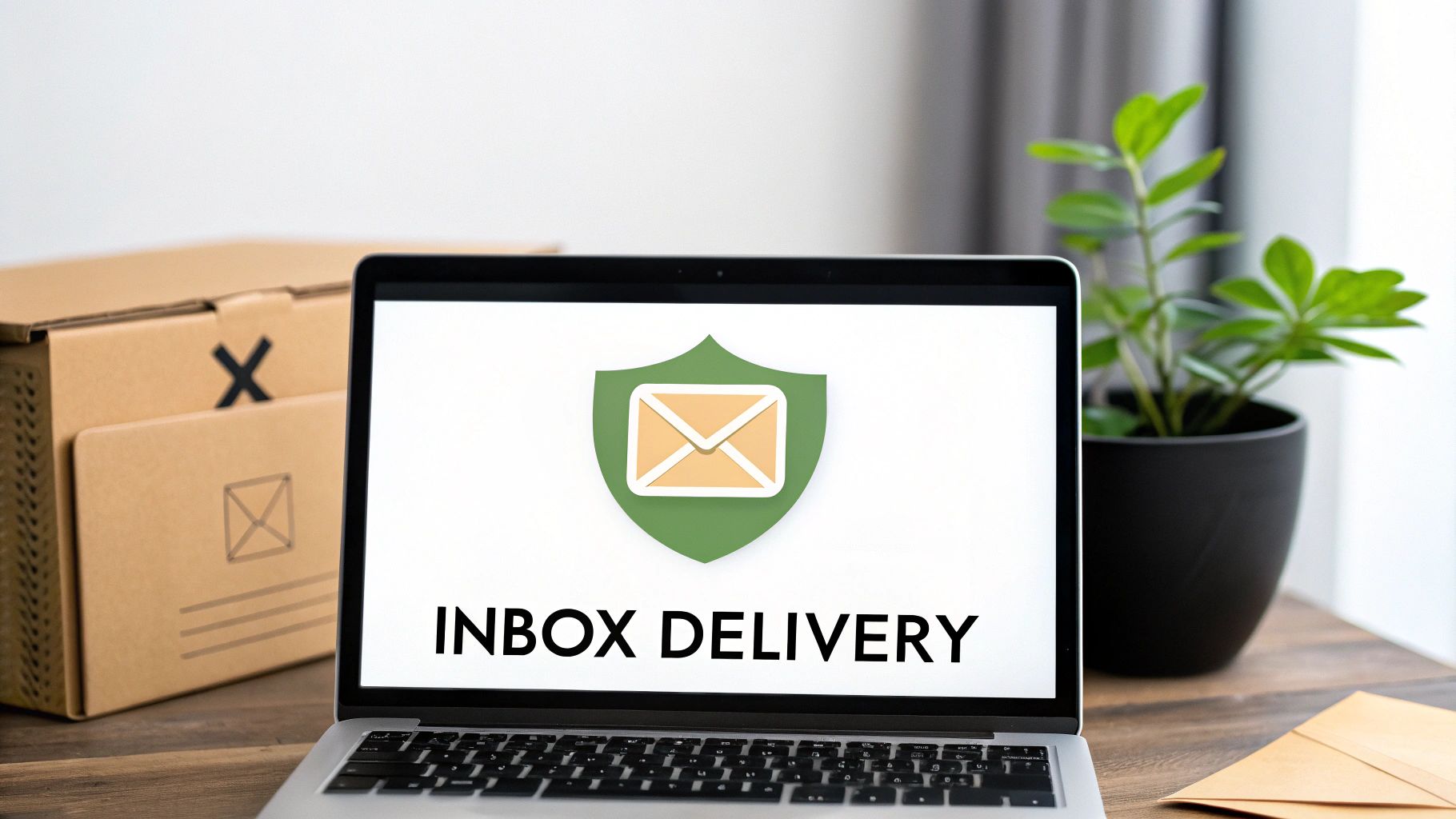 Laptop screen showing &#39;INBOX DELIVERY&#39; and an email icon in a shield, beside a cardboard box.