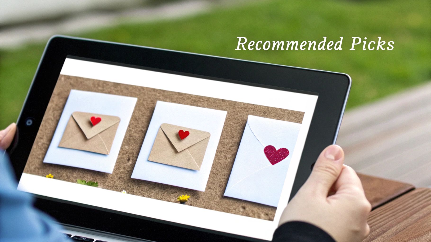 Person holding a tablet displaying three envelopes with hearts, suggesting Valentine's Day messages.