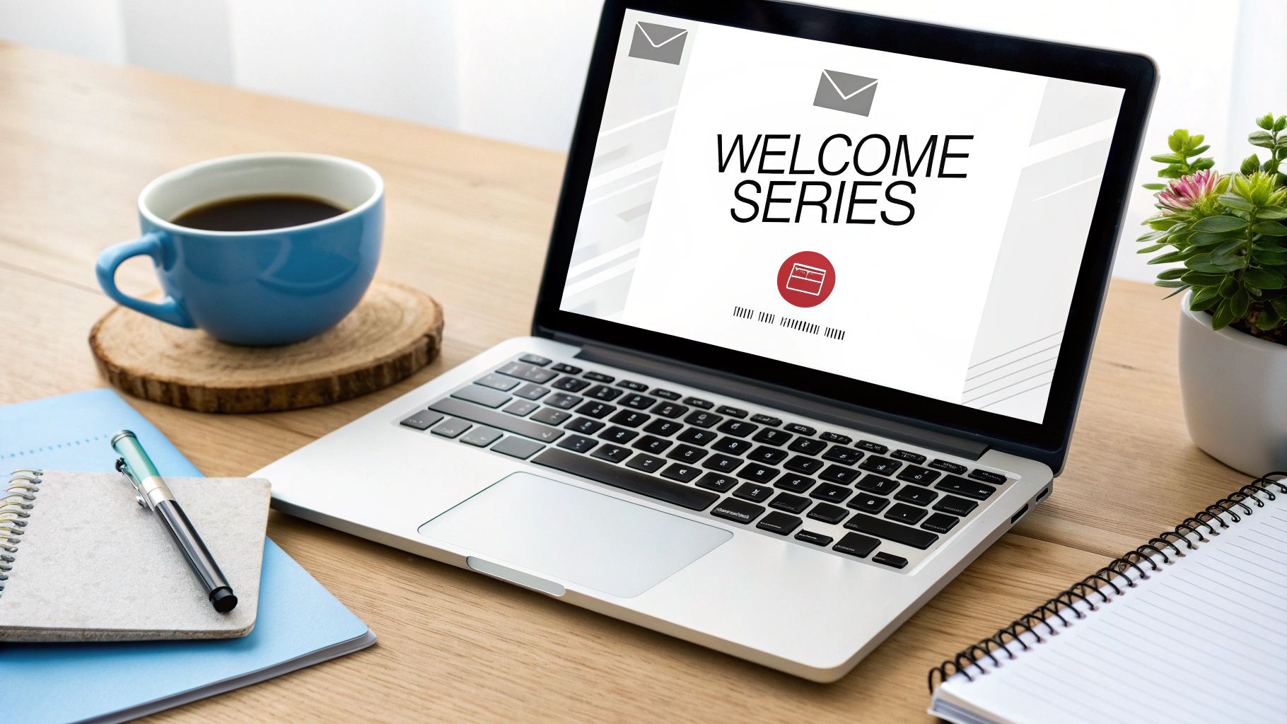 Laptop screen showing 'WELCOME SERIES' email, coffee, notebooks, and a plant on a wooden desk.