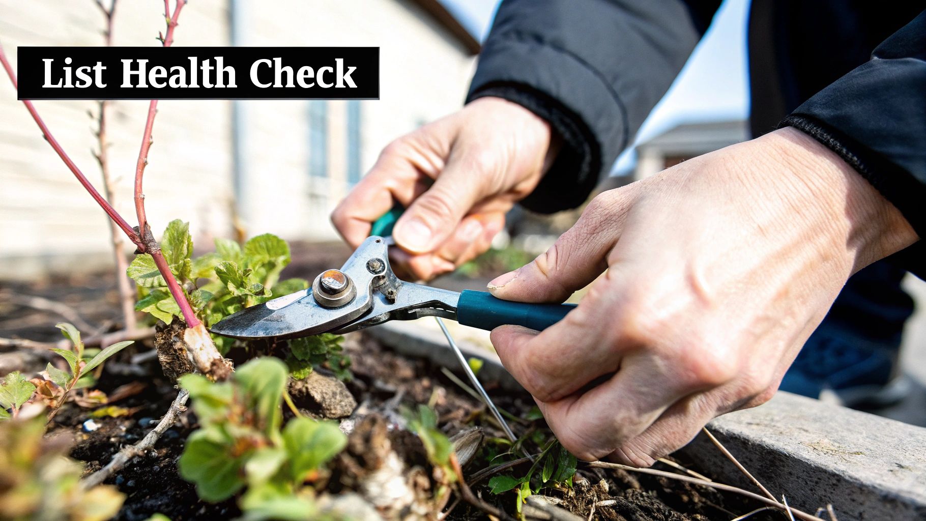 Close-up of hands using pruning shears to trim a small plant in a garden, with 'List Health Check' text overlay.
