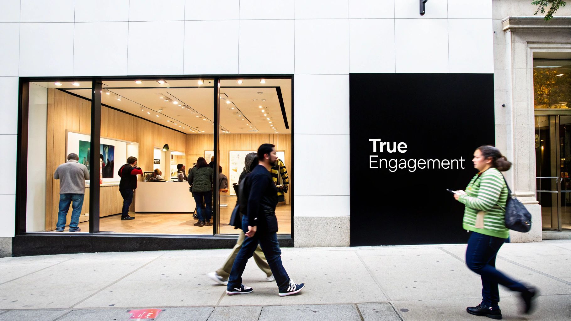 Shoppers and pedestrians on a busy sidewalk in front of a store with a 'True Engagement' display.