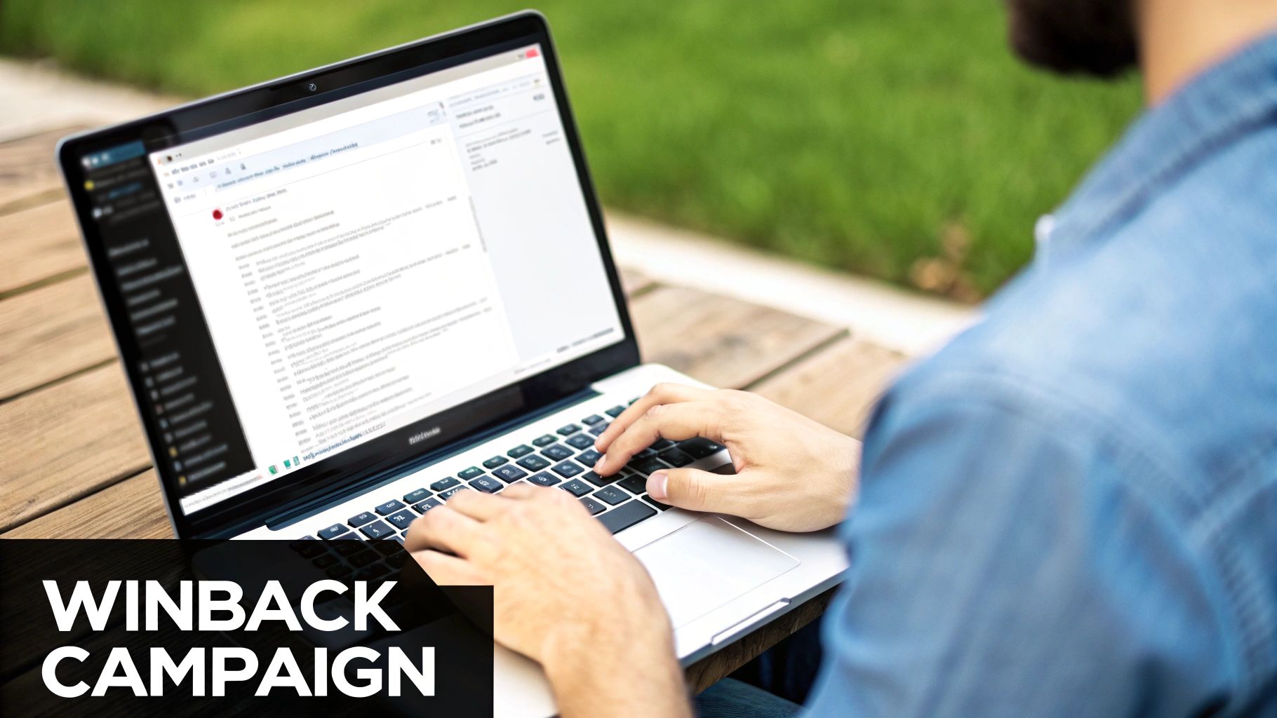 A person types on a laptop, with 'WINBACK CAMPAIGN' text overlaid on the image.