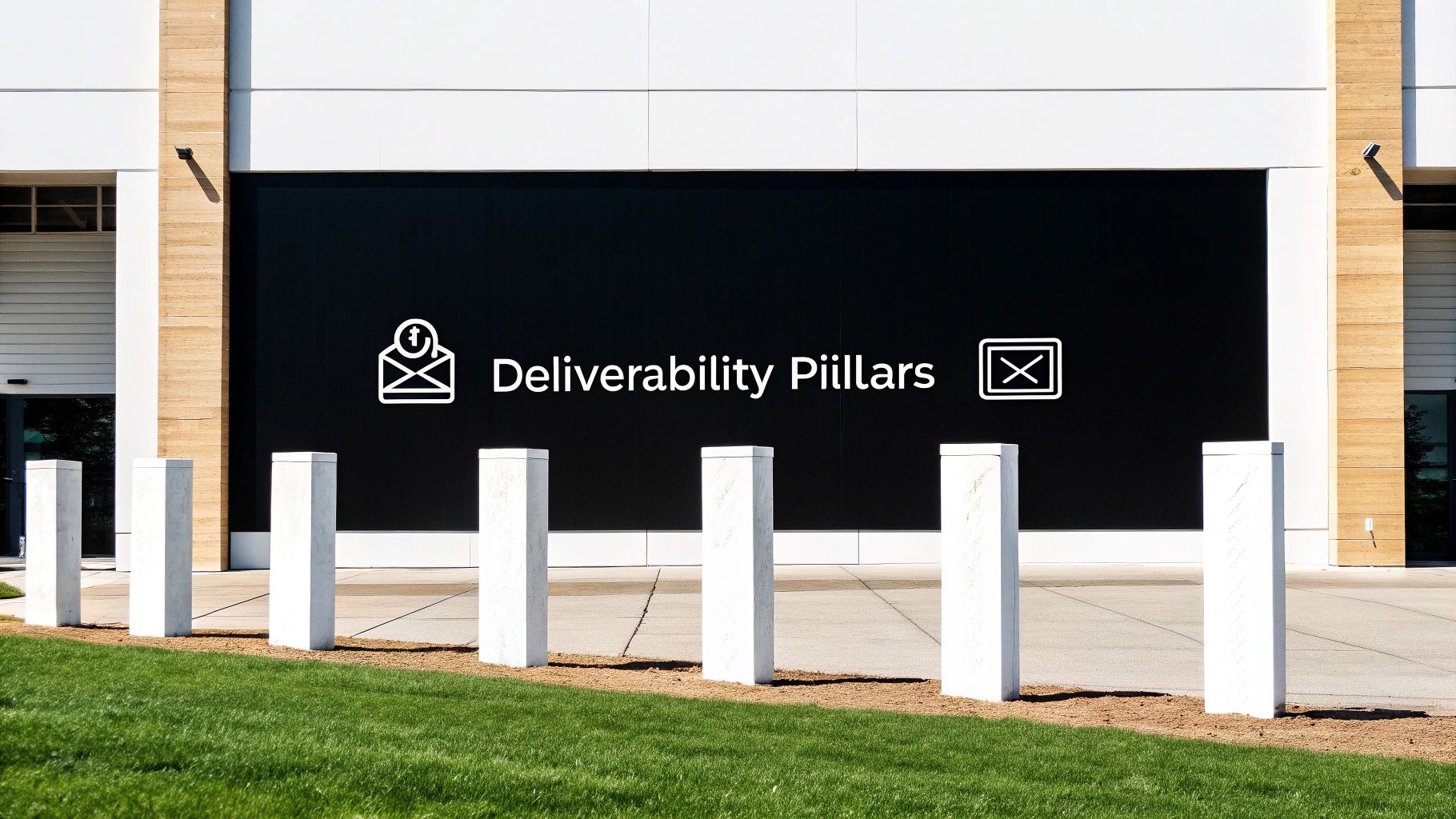 Black wall displaying 'Deliverability Pillars' with email icons on a modern building exterior.