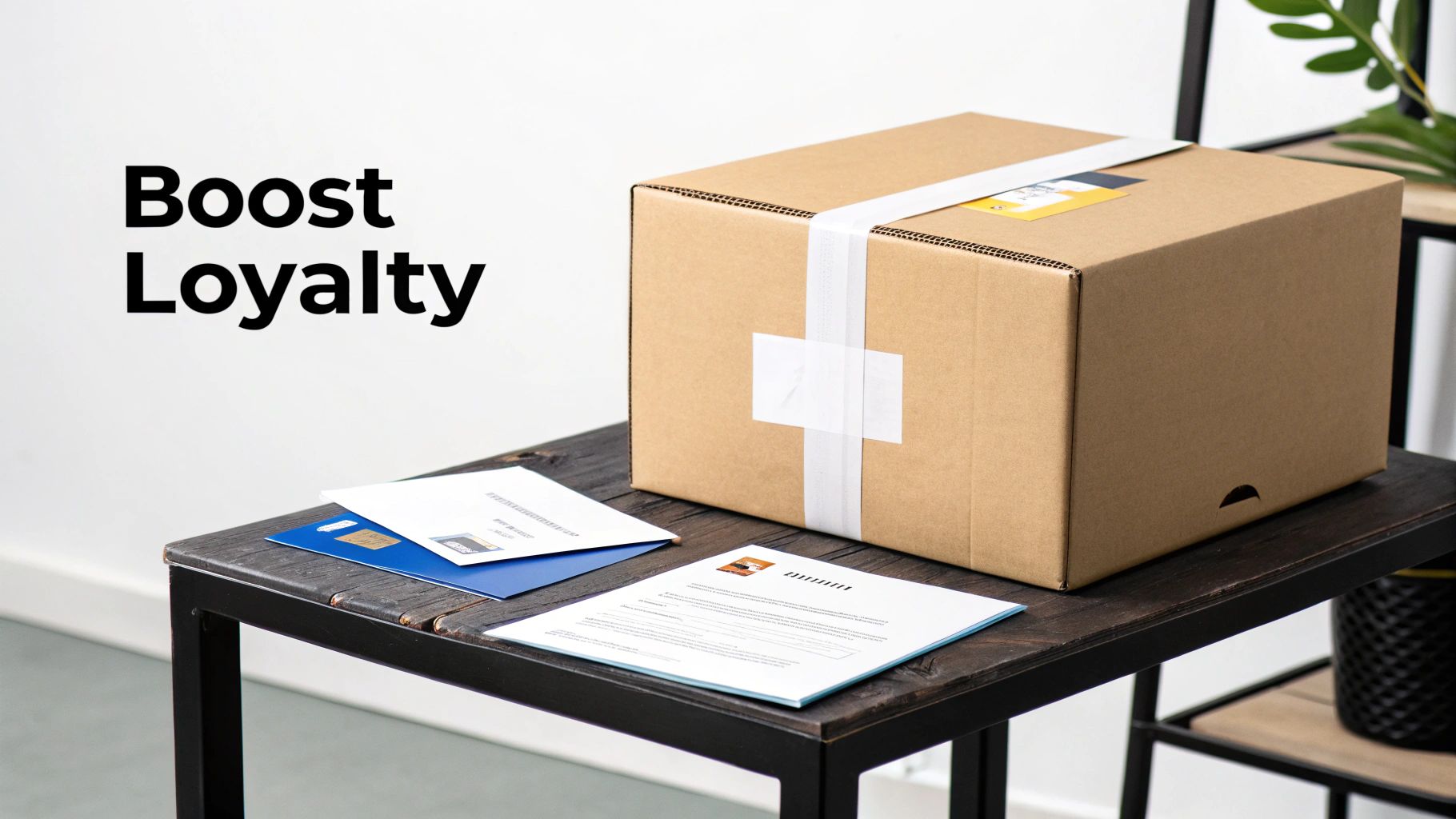 A brown cardboard delivery box and documents on a table with 'Boost Loyalty' text.
