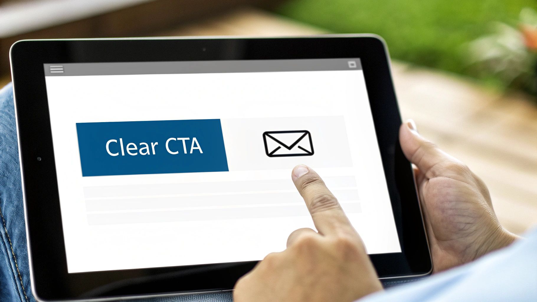 A person taps an envelope icon next to a "Clear CTA" button on a tablet screen.