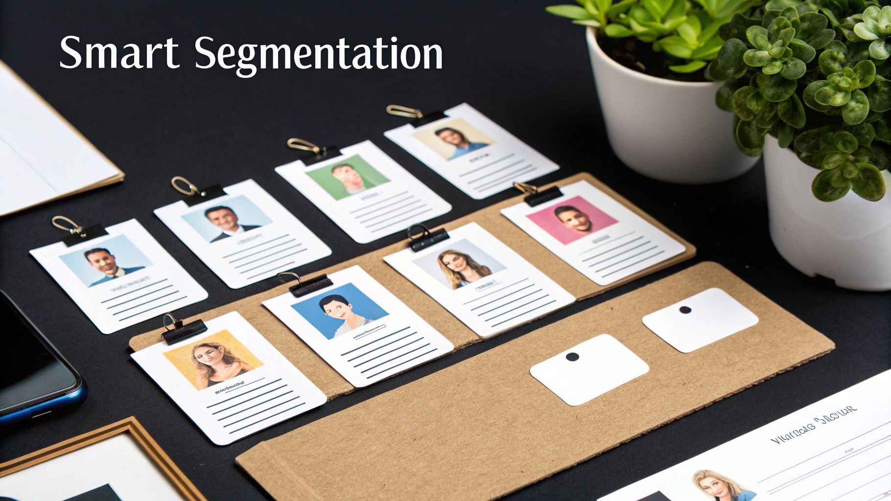 Several ID cards with diverse photos displayed on a table, with green plants and a phone nearby.