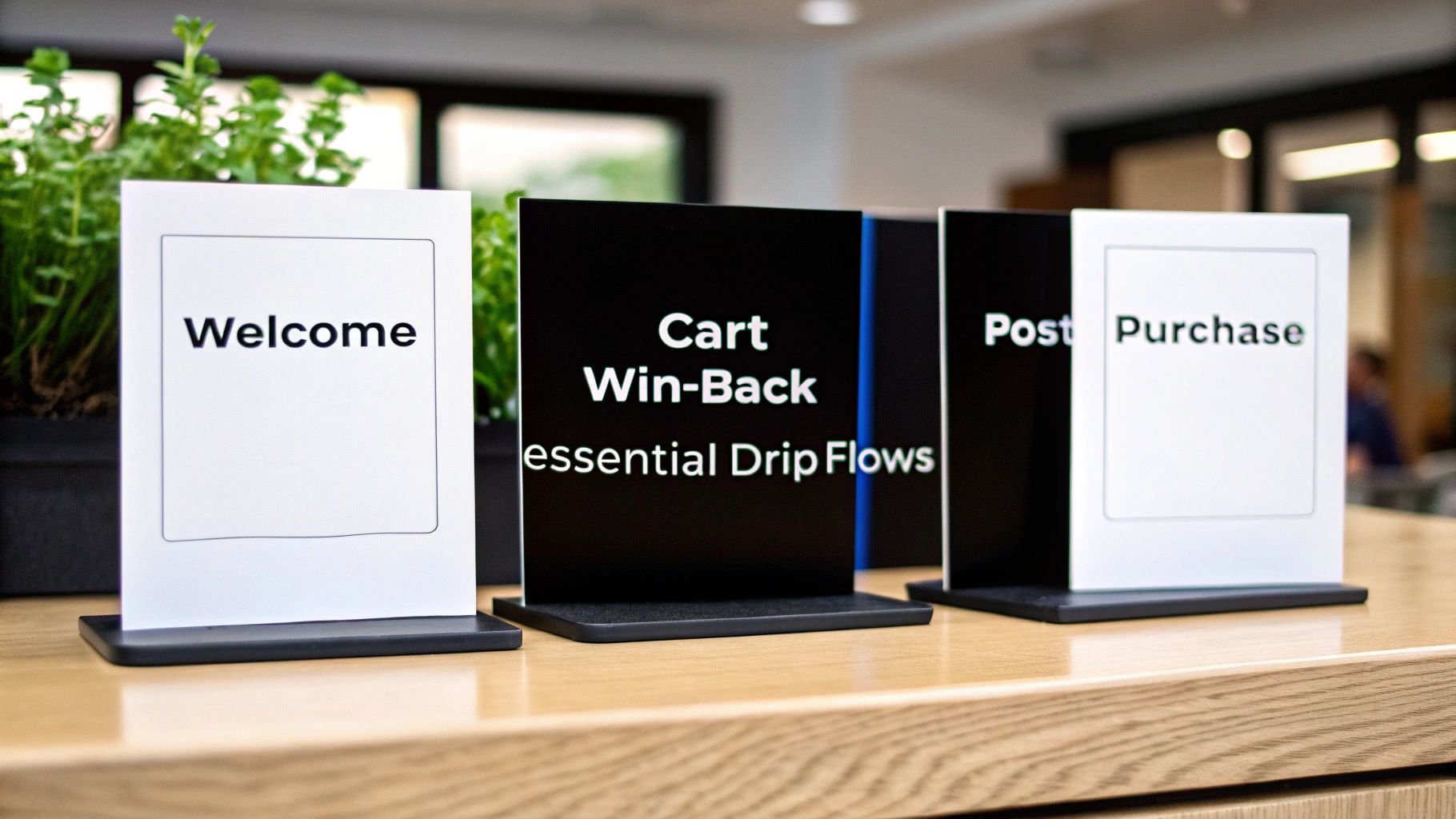 Three desk signs on a wooden table, displaying 'Welcome', 'Cart Win-Back essential Drip Flows', and 'Post Purchase'.