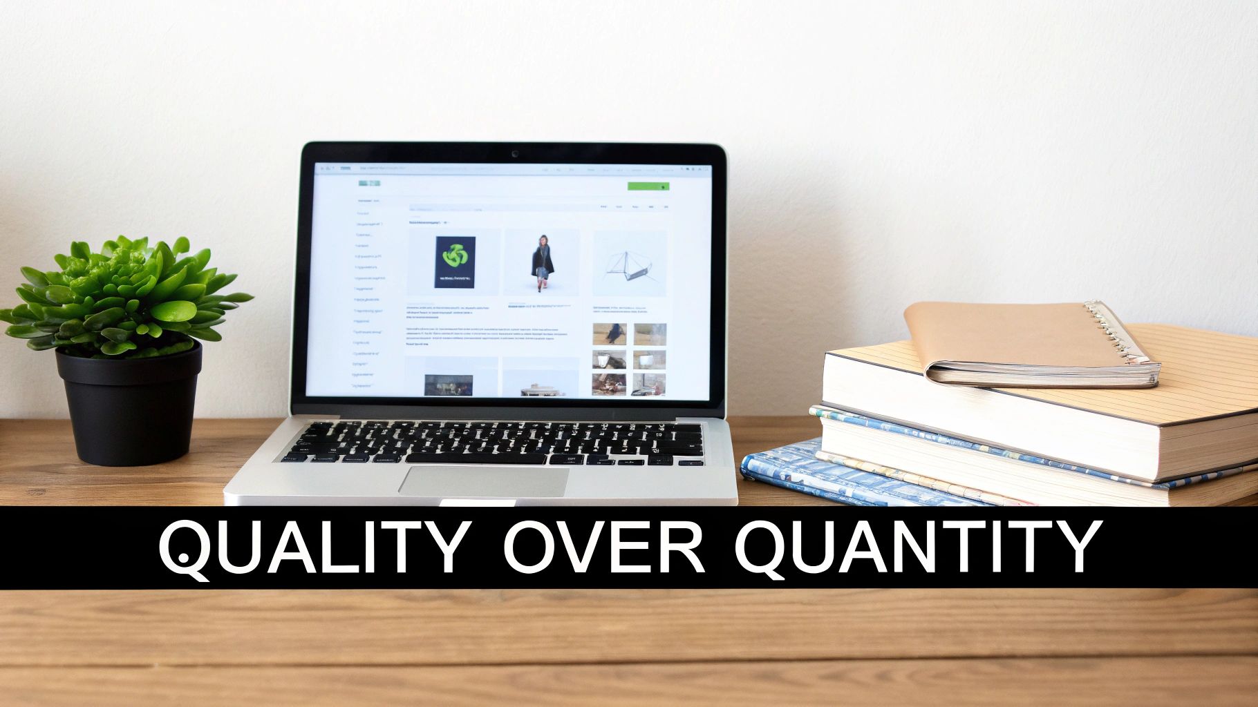 A laptop on a wooden desk with a green plant, stacked books, and the text 'QUALITY OVER QUANTITY'.