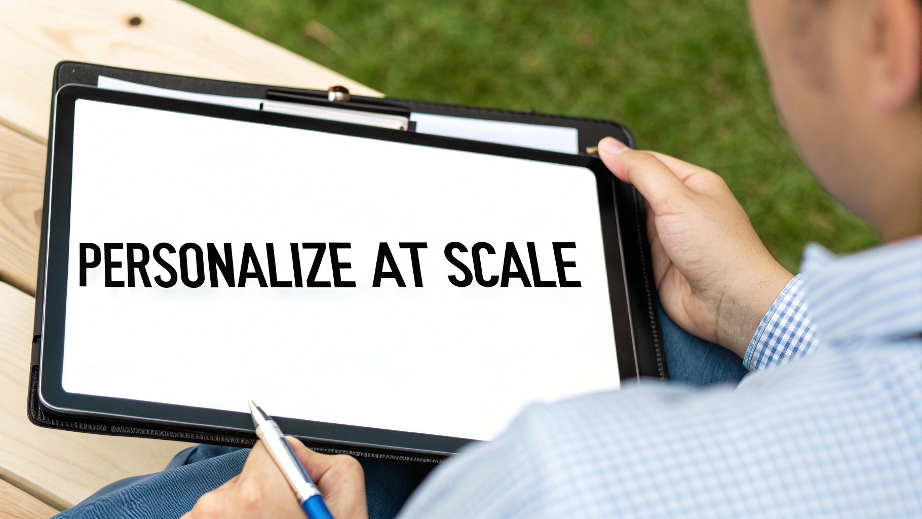 A person holds a tablet displaying 'PERSONALIZE AT SCALE' while sitting outdoors with a pen.