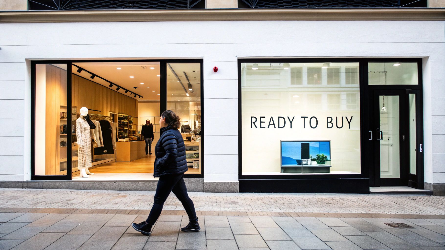 A person walks past two modern storefronts, one displaying "READY TO BUY" and a TV, the other clothing.