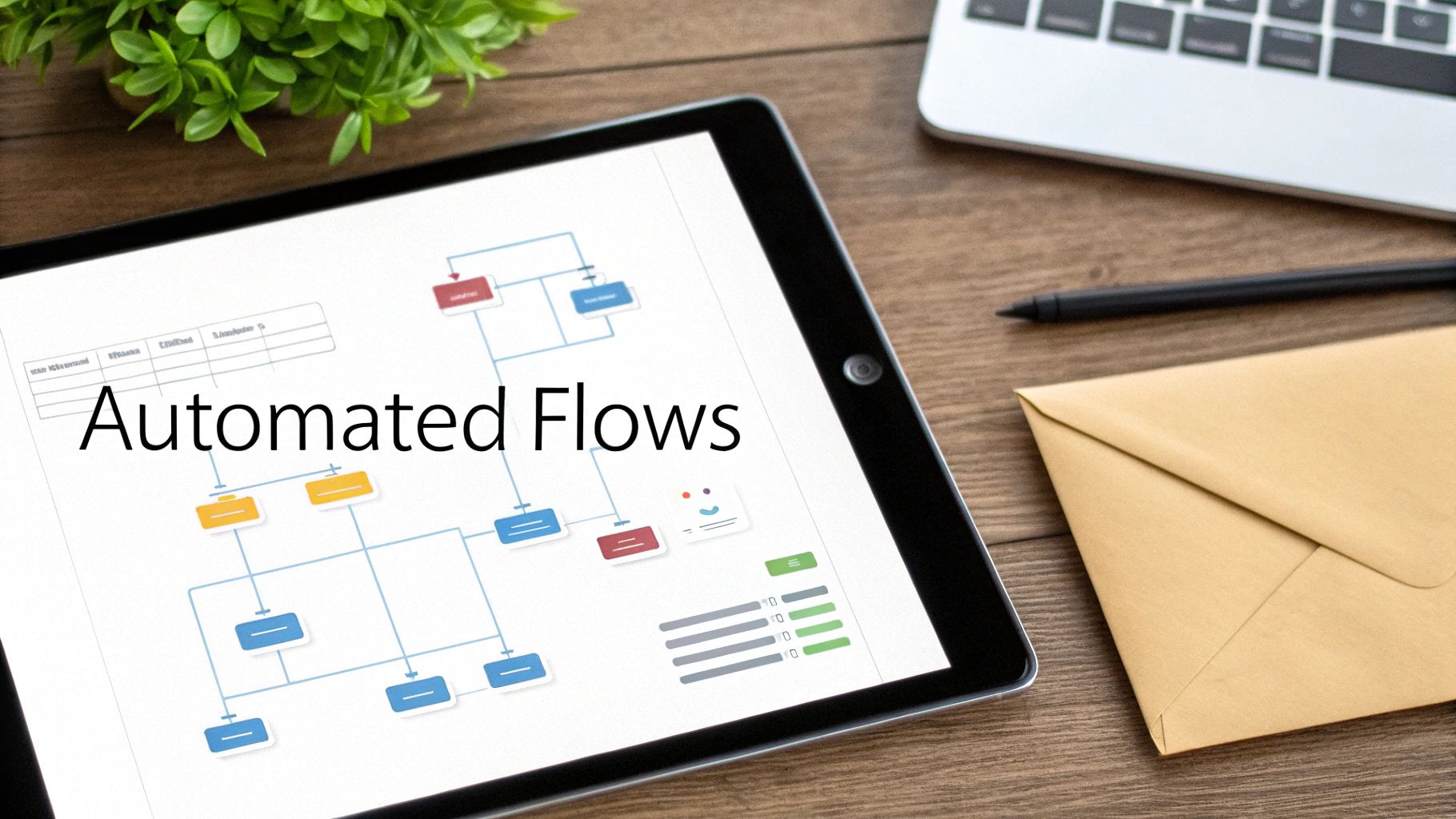 A tablet on a wooden desk displays a flowchart with the text 'Automated Flows', next to a laptop and an envelope.