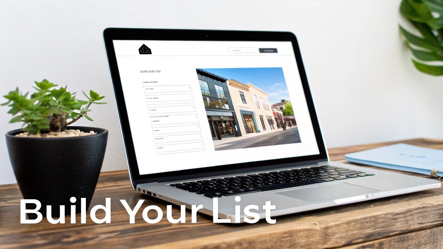 A laptop on a wooden desk displays an online business listing tool, featuring commercial buildings and a form for building lists.