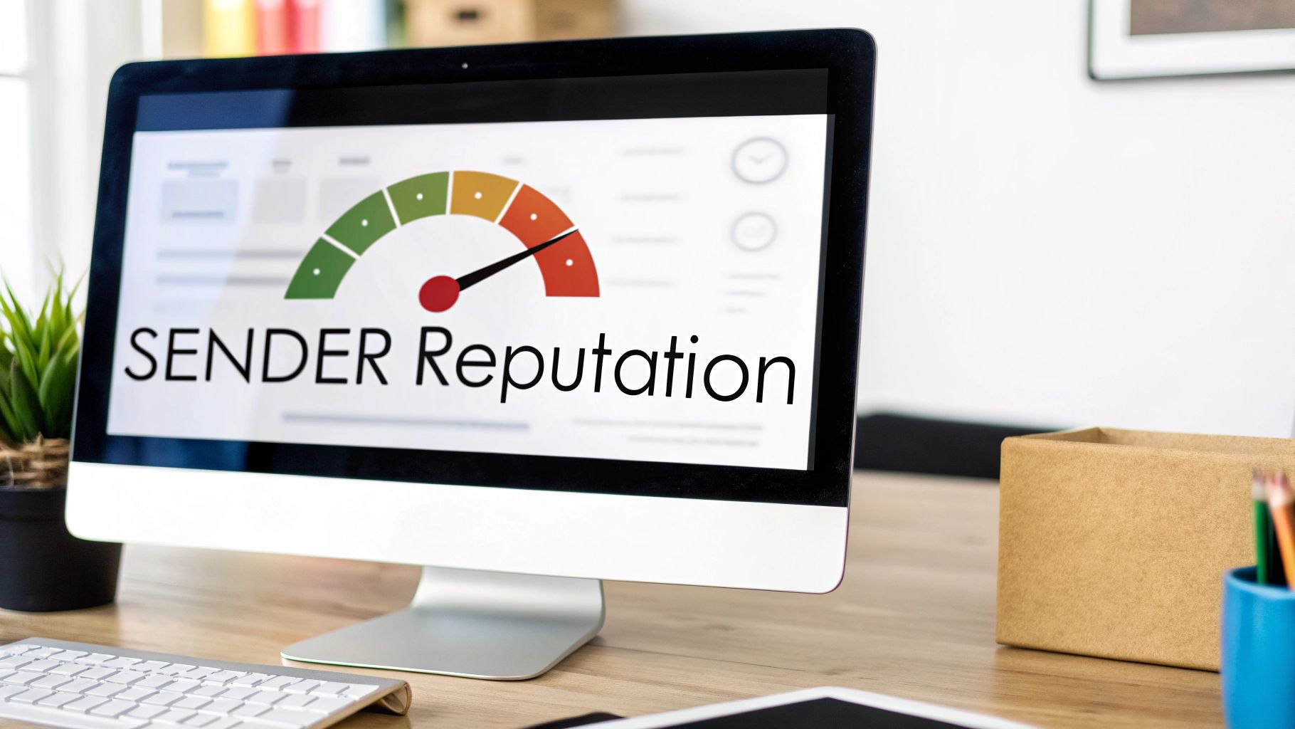 A computer monitor displays 'SENDER Reputation' with a gauge showing a low, red reputation score.