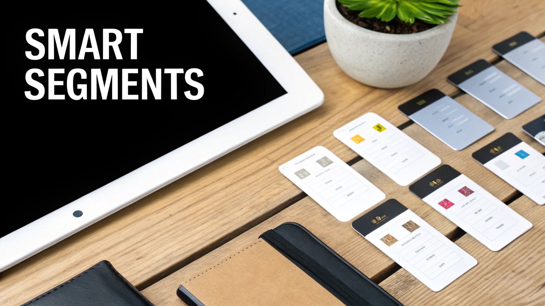 White tablet displaying "SMART SEGMENTS" on screen, surrounded by data cards and desk items on a wooden table.