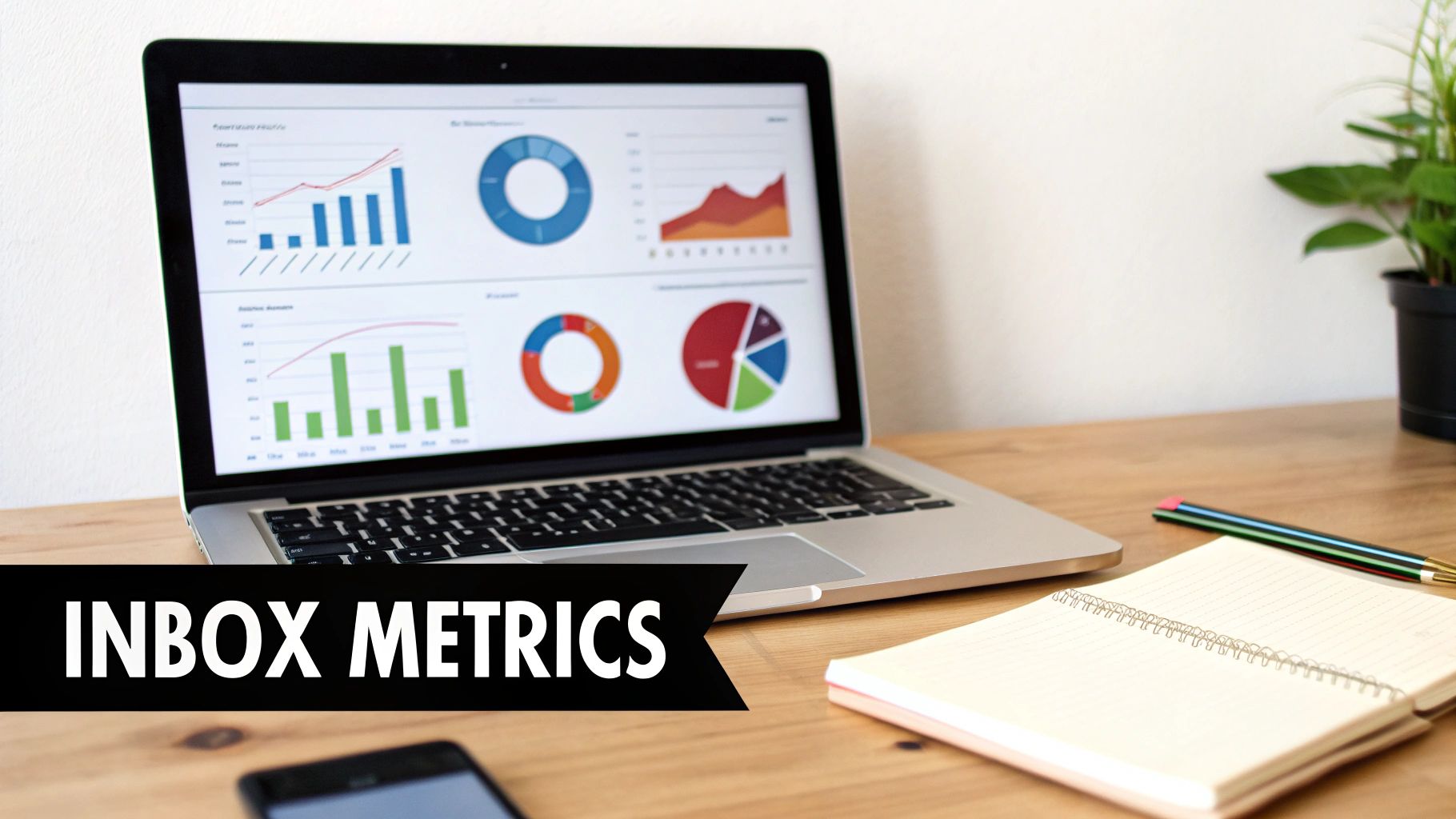 Laptop showing data metrics on screen with "INBOX METRICS" text, alongside a notebook and smartphone.