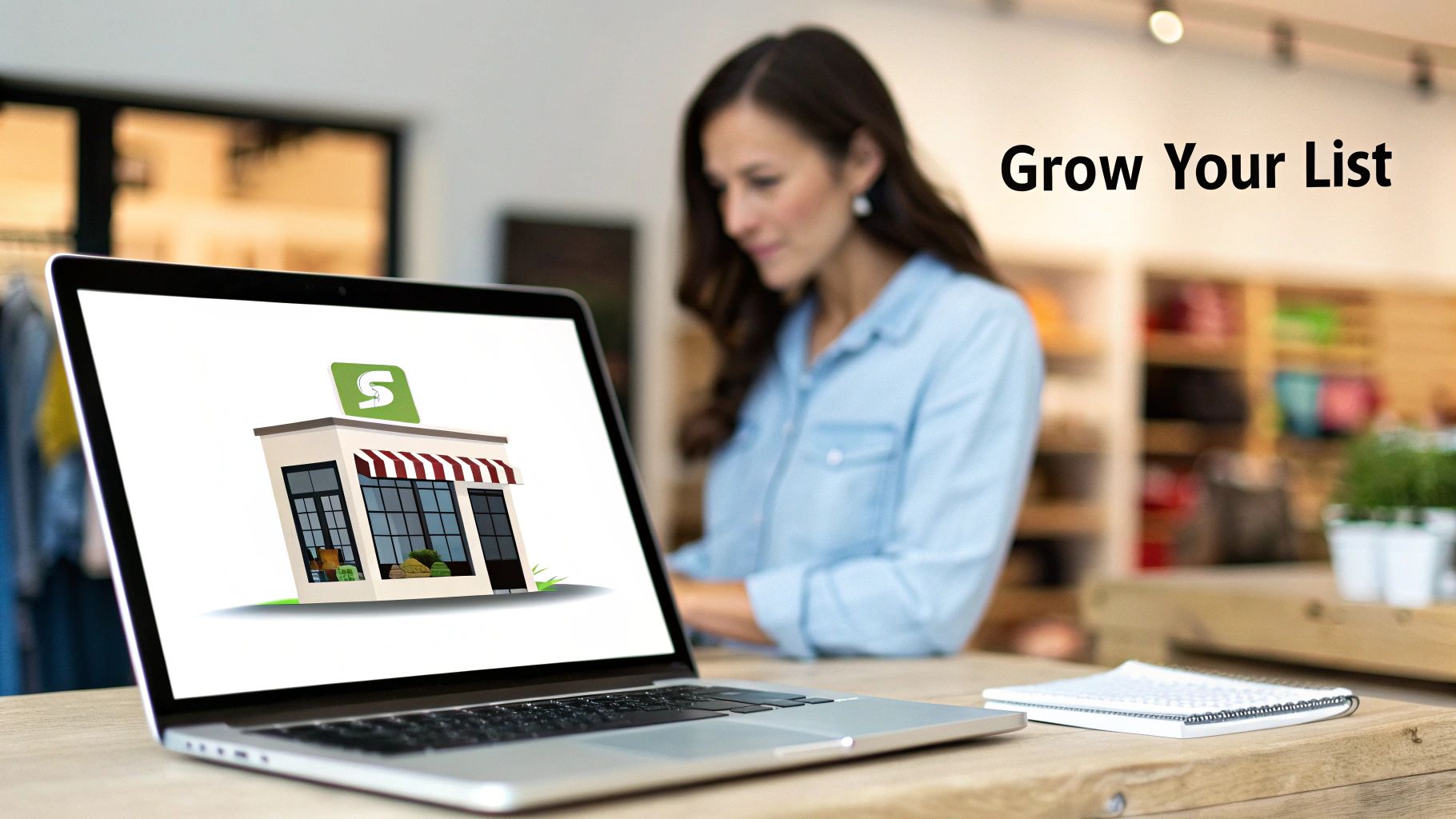 A woman views a laptop screen displaying a storefront illustration and 'Grow Your List' text.