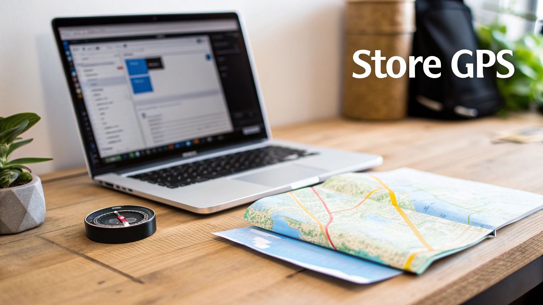 A desk setup featuring a laptop, an open map, a compass, and a plant, with 'Store GPS' text.