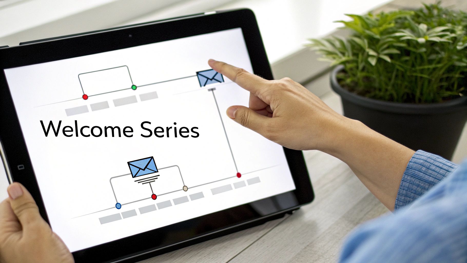 A person's hand taps a tablet displaying an email marketing 'Welcome Series' workflow.