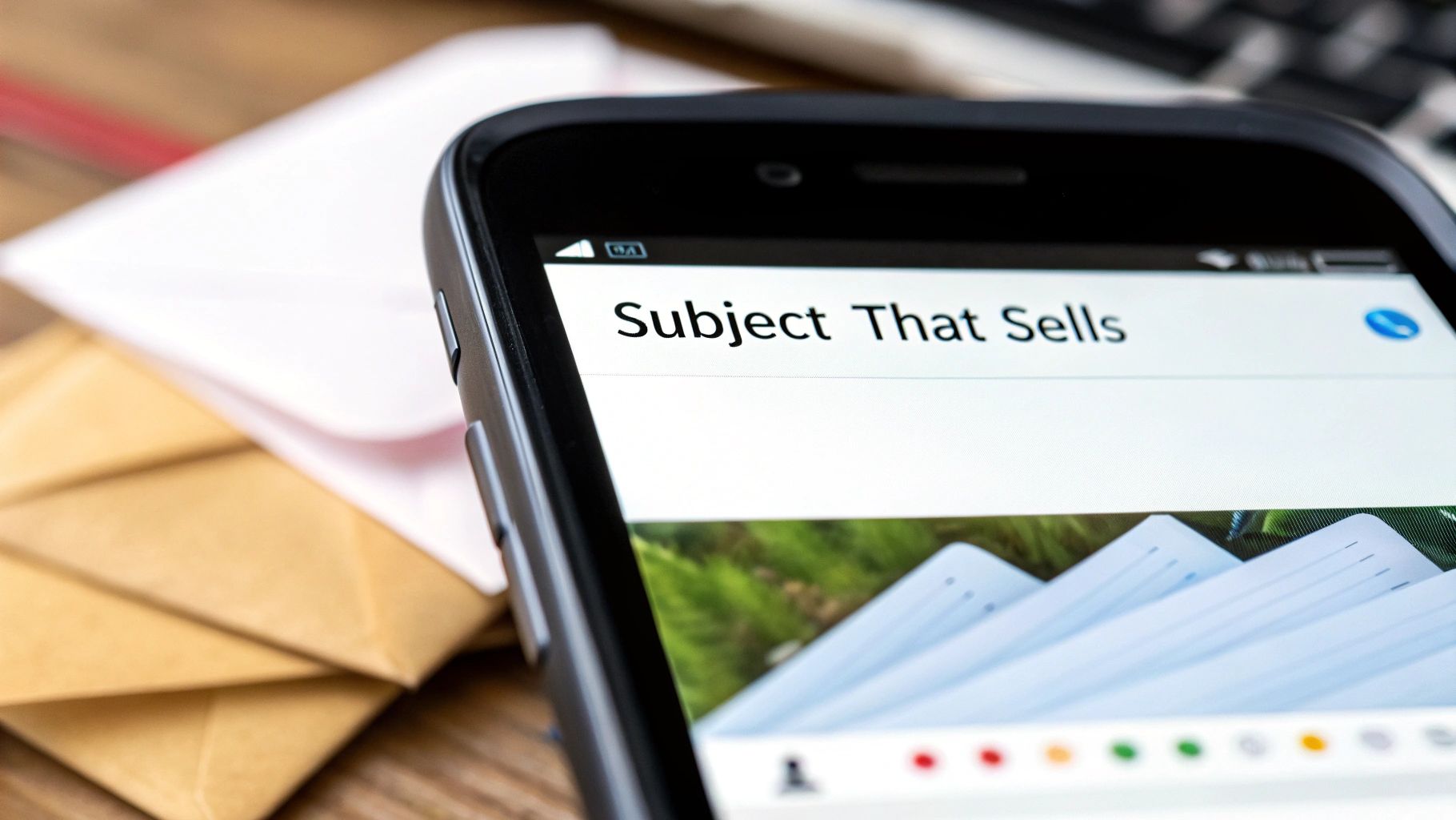 Close-up of a smartphone screen displaying 'Subject That Sells', with envelopes and a keyboard in the background.
