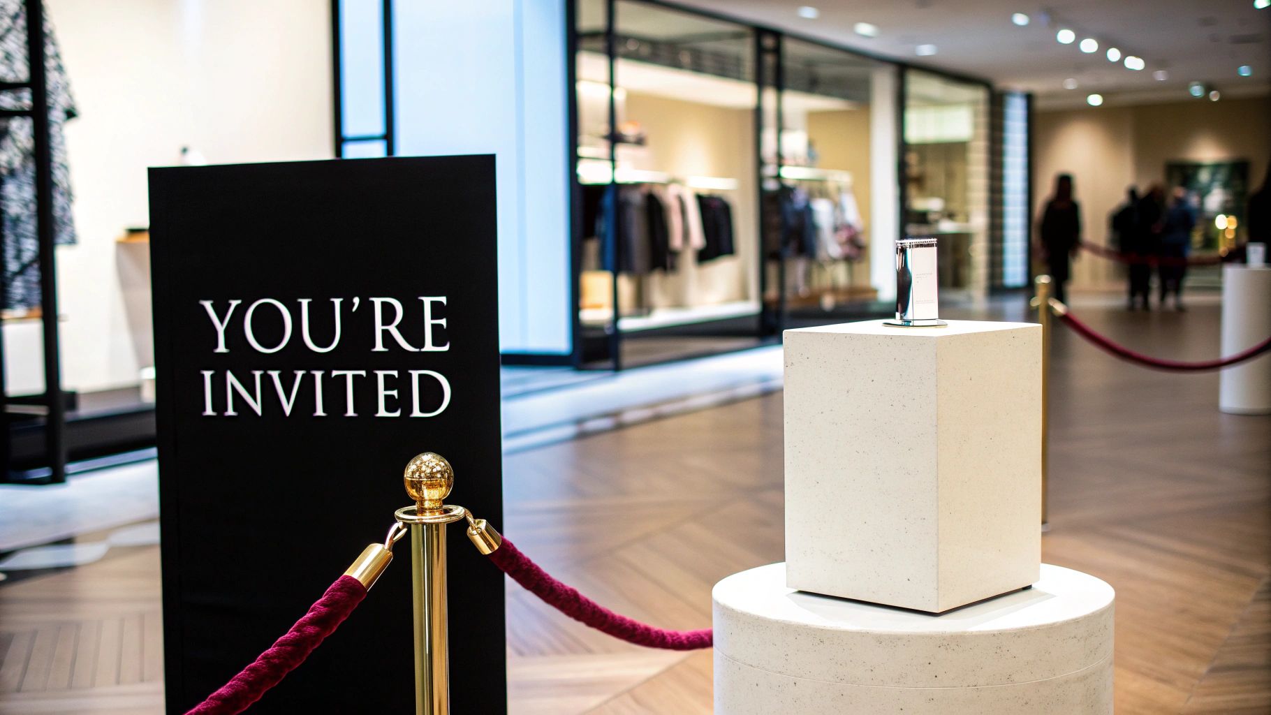An event entrance with 'YOU'RE INVITED' sign, velvet ropes, and a product display in a boutique.