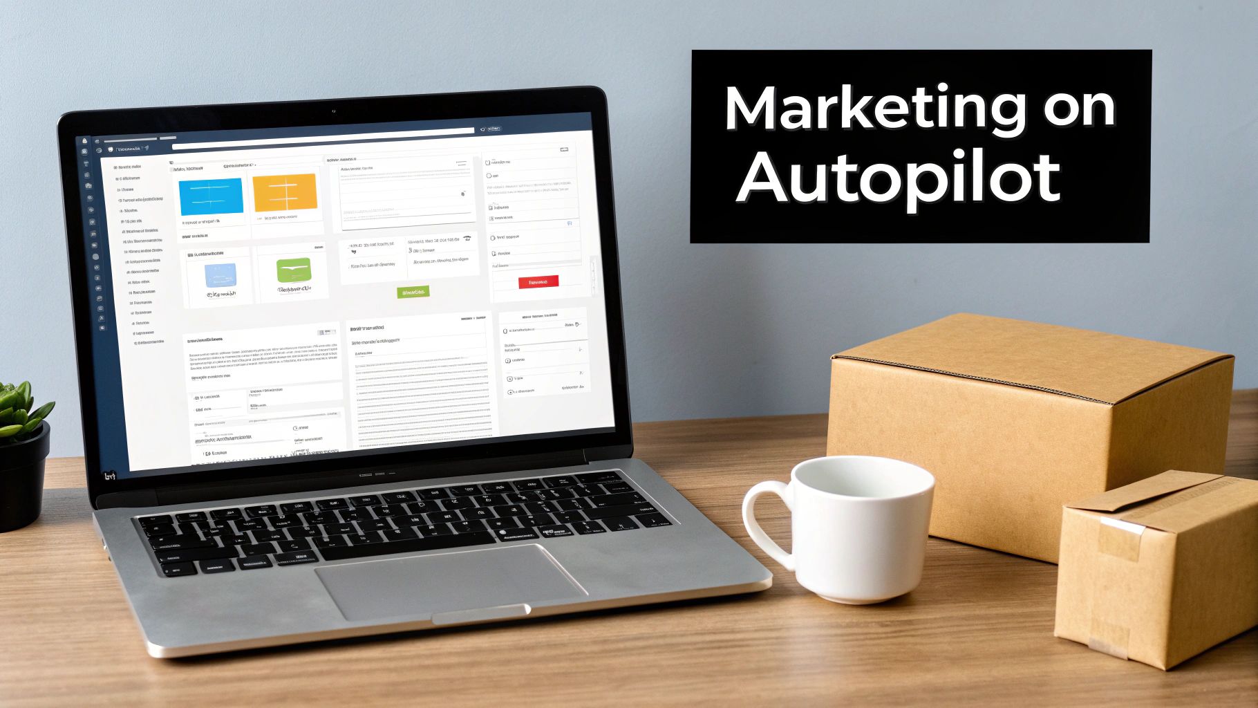 Laptop displaying a marketing automation dashboard on a desk with boxes, a mug, and 'Marketing on Autopilot' title.