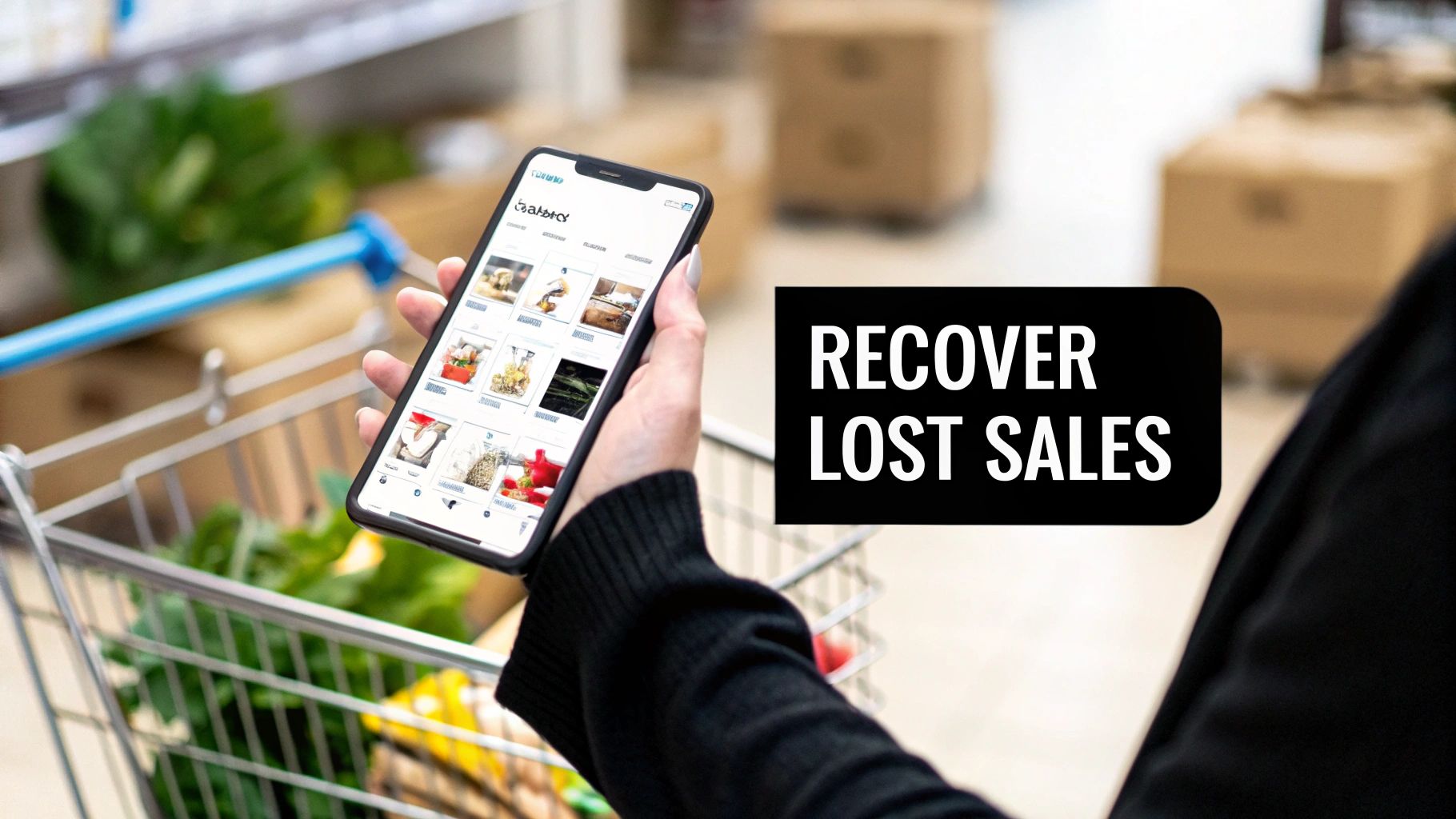 A person holds a smartphone displaying an e-commerce app in a grocery store, with a shopping cart and 'RECOVER LOST SALES' text.