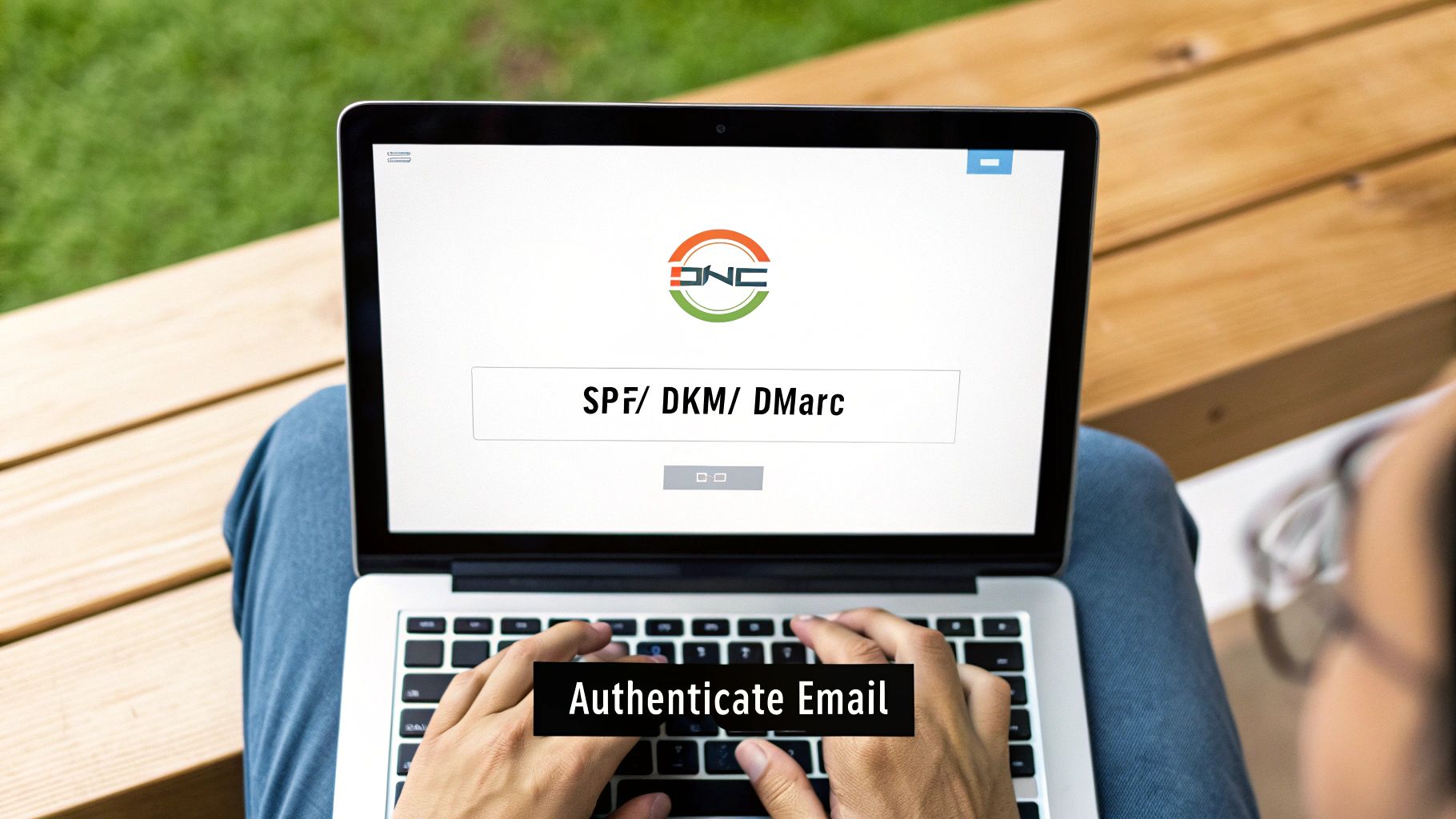 A person types on a laptop outdoors, displaying an email authentication interface with SPF/DKM/DMARC settings.