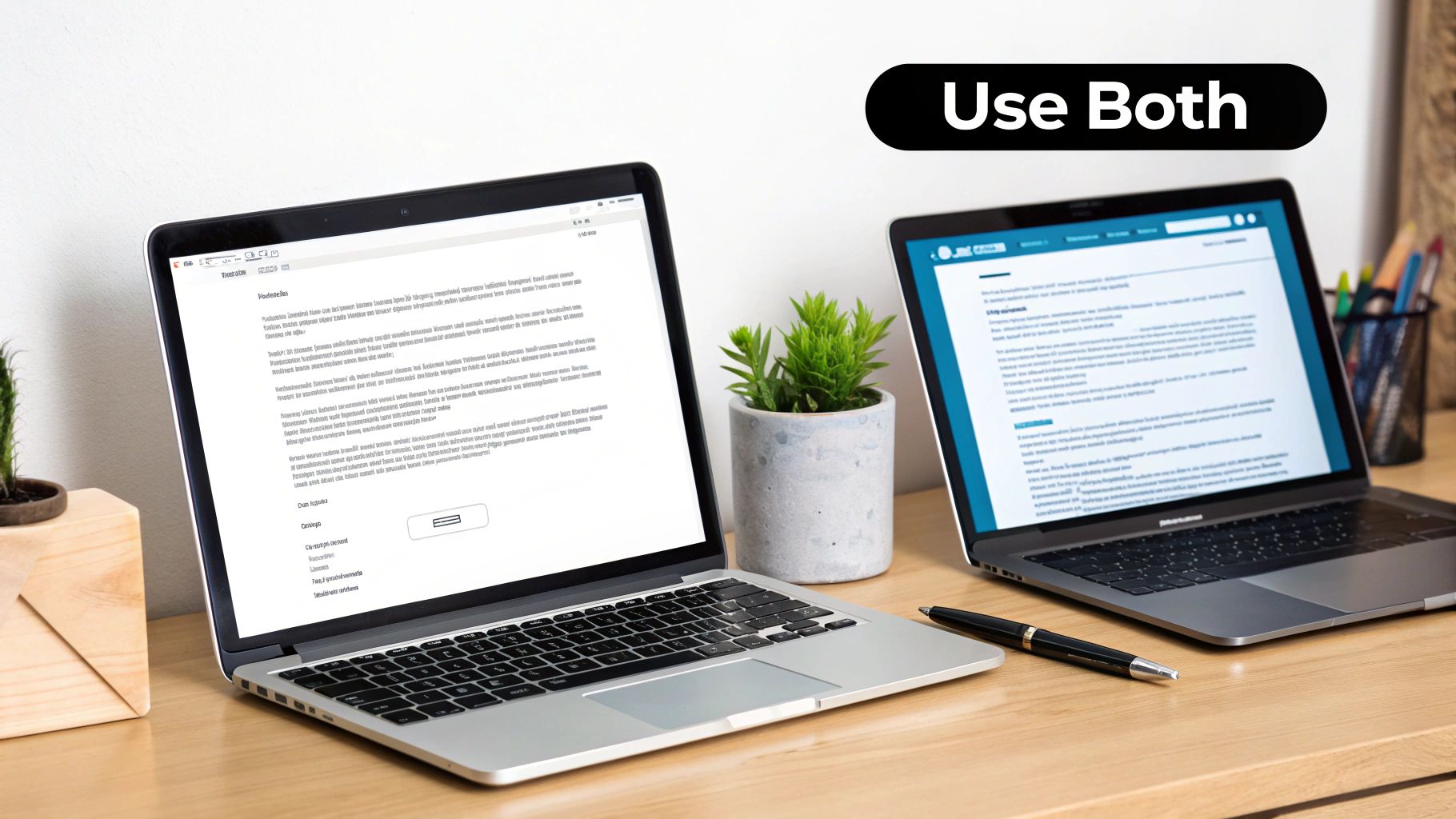 Two laptops display different email formats, one plain text and one HTML, with a 'Use Both' message.