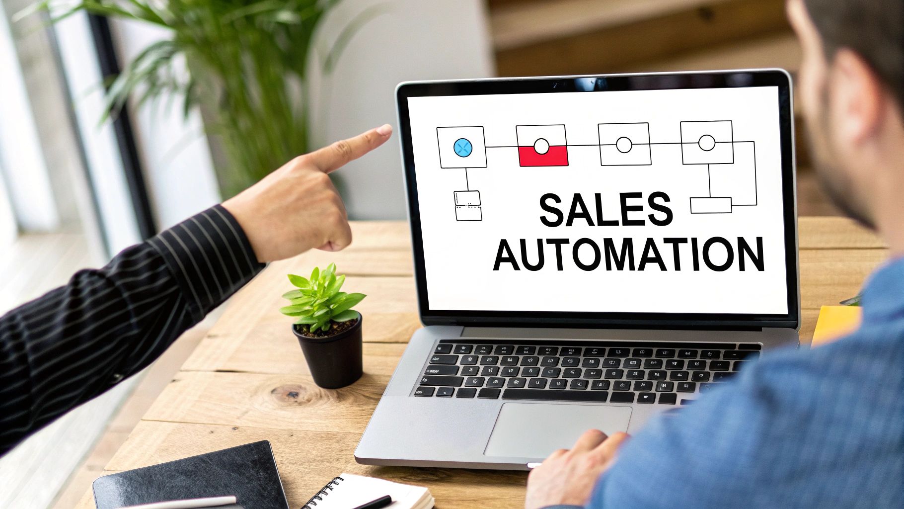 Two business people collaborate on a laptop displaying a 'SALES AUTOMATION' flowchart on a wooden desk.