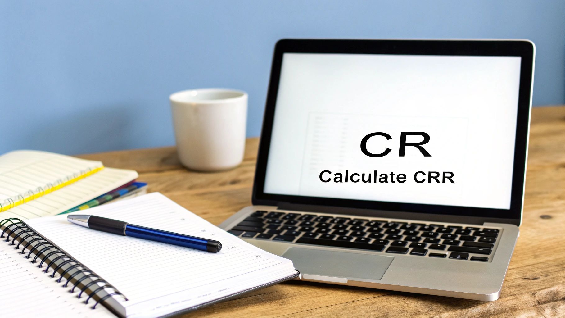 A laptop displaying "Calculate CRR" with notebooks, a pen, and a mug on a wooden desk.